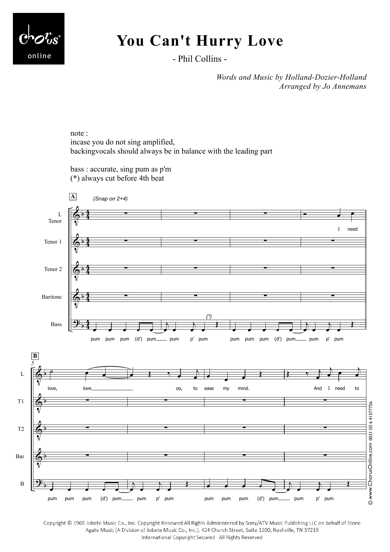 You Can't Hurry Love (arr. Jo Annemans): TTBarB Choral Octavo
