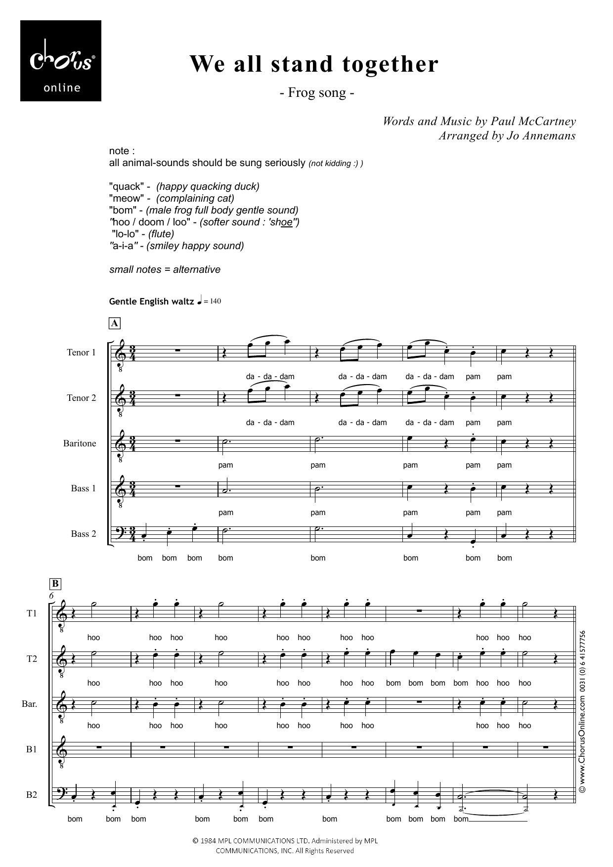 We All Stand Together (arr. Jo Annemans): TTBarBB Choral Octavo