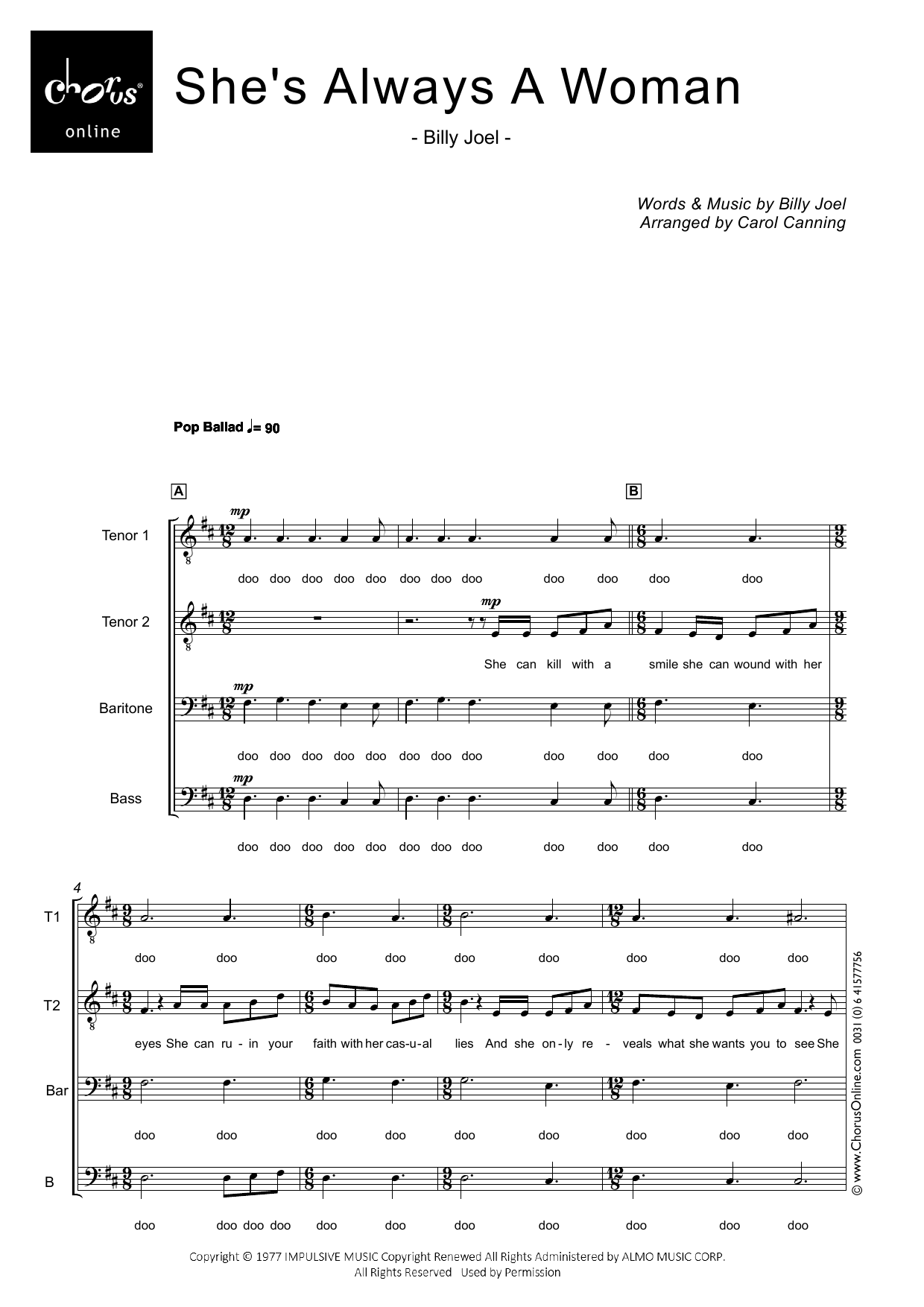 She's Always a Woman (arr. Carol Canning): TTBarB Choral Octavo