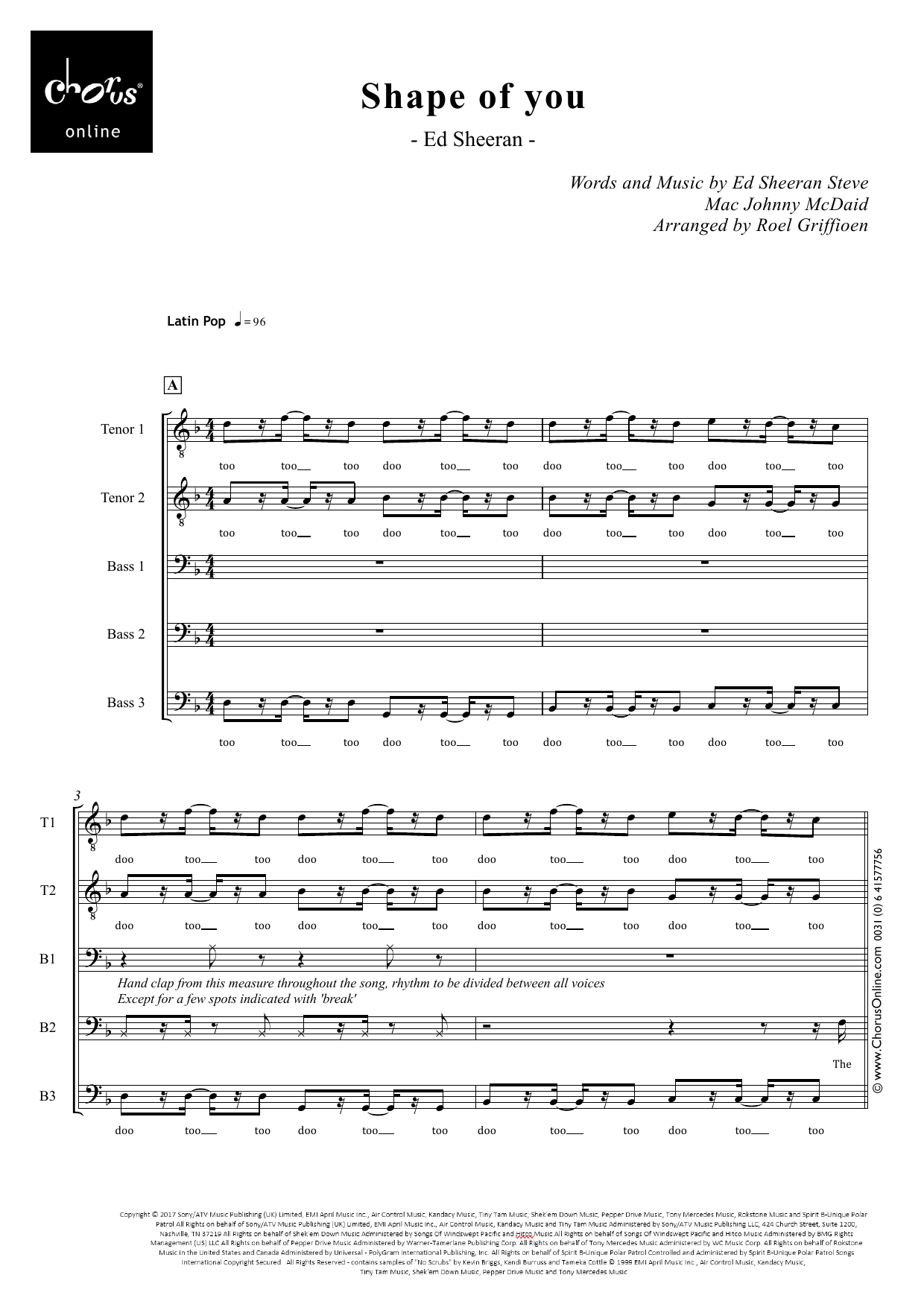 Shape of You (arr. Roel Griffioen): TTTBB Choral Octavo