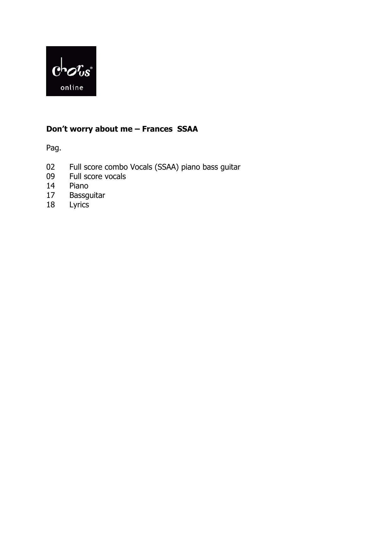 Don't Worry About Me (arr. Frank de Vreeze): SSAA Choral Octavo