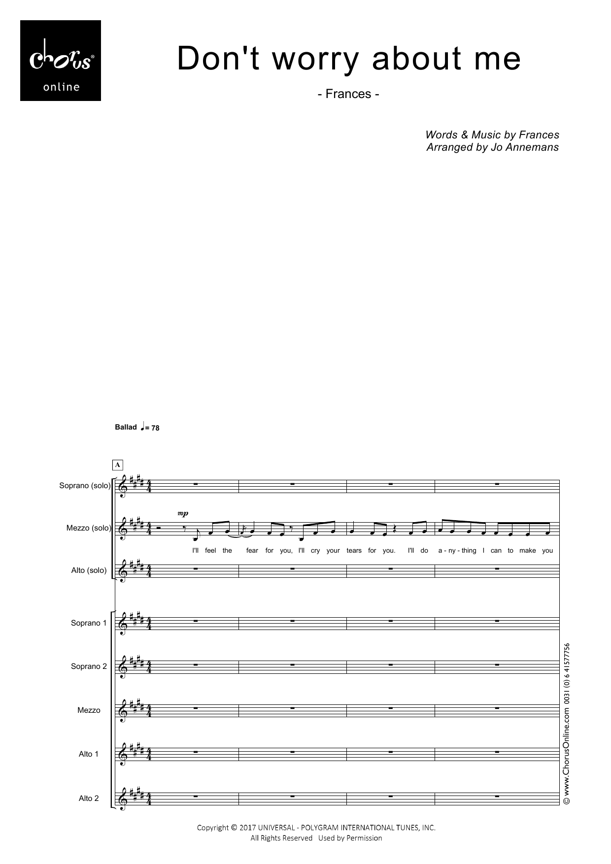 Don't Worry About Me (arr. Jo Annemans): SSMAA Choral Octavo