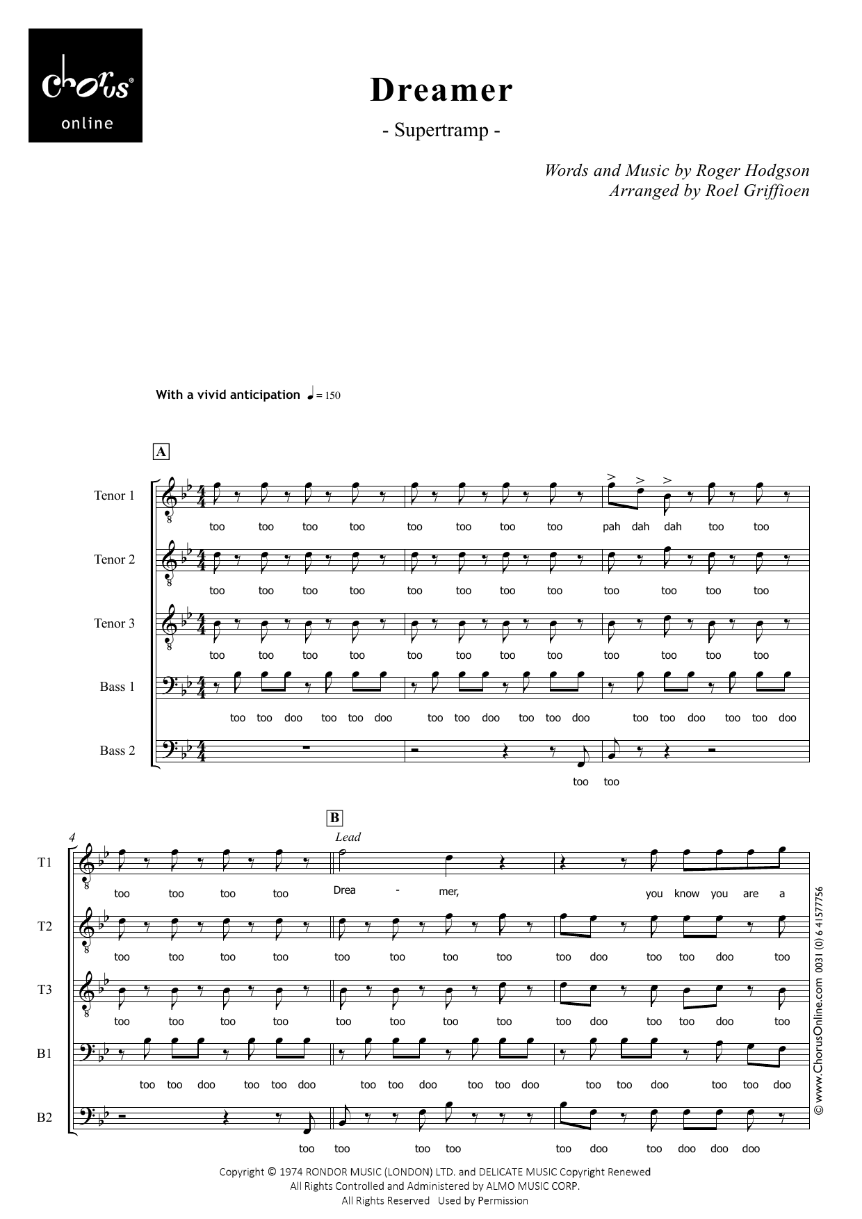 Dreamer (arr. Roel Griffioen): TTTBB Choral Octavo