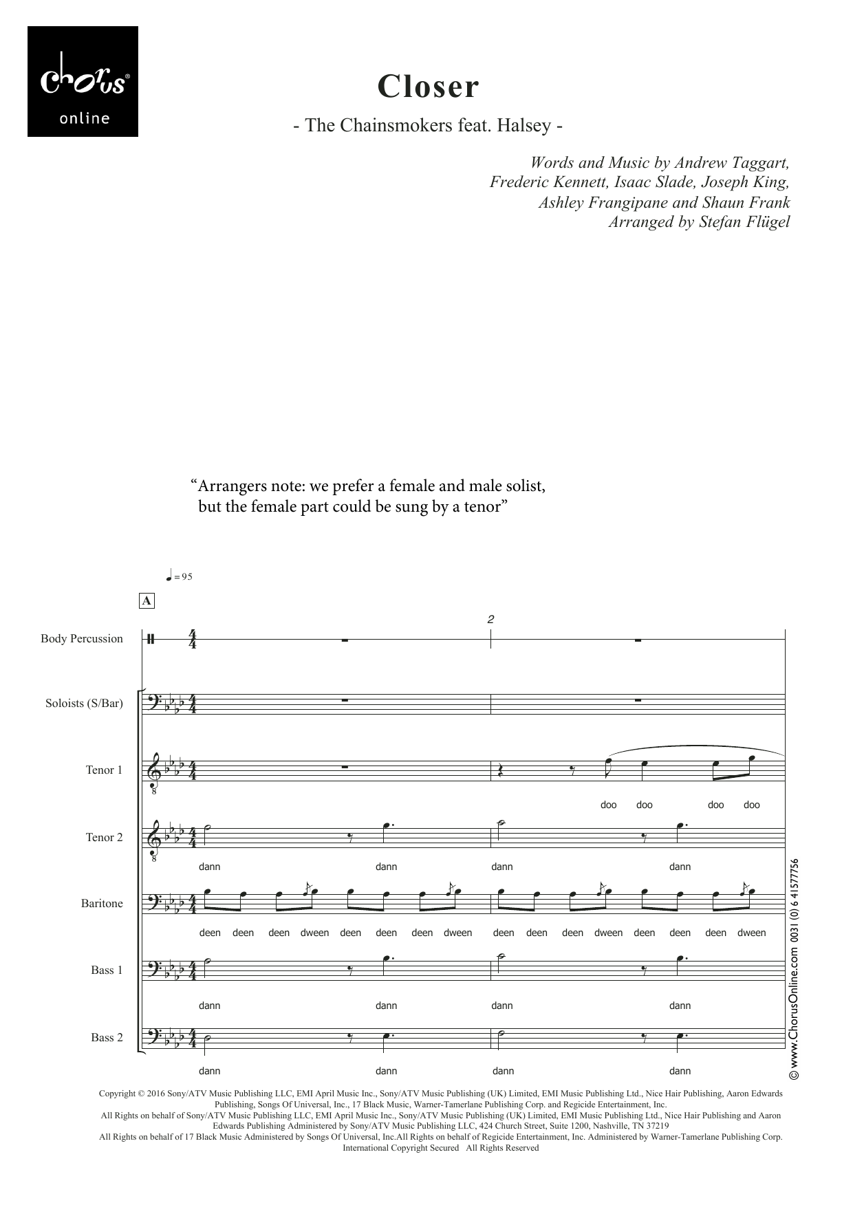 Closer (feat. Halsey) (arr. Stefan Flügel): TTBarBB Choral Octavo