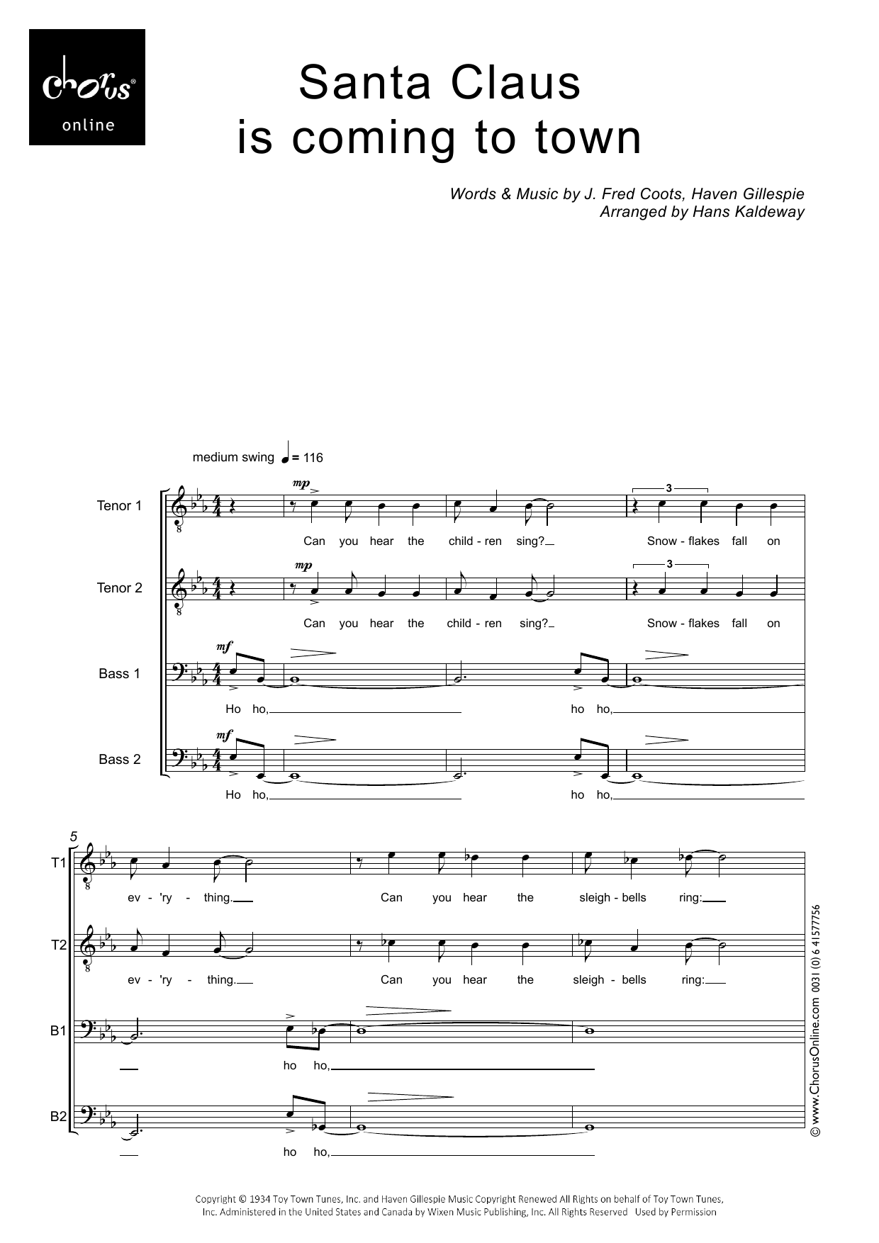 Santa Claus Is Coming To Town (arr. Hans Kaldeway): TTBB Choral Octavo