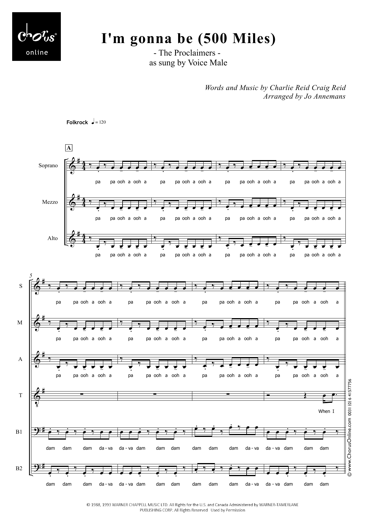 I'm Gonna Be (500 Miles) (arr. Jo Annemans): SMATBB Choral Octavo