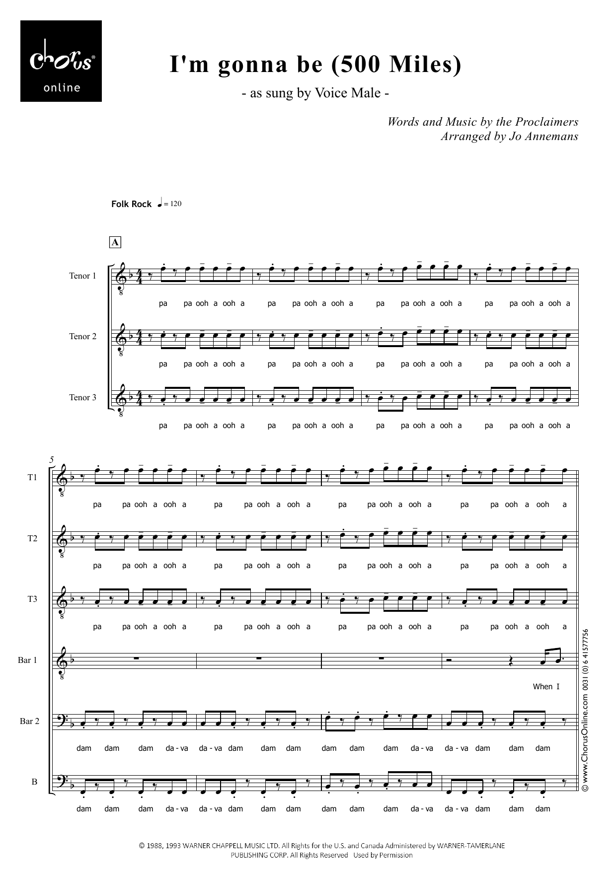 I'm Gonna Be (500 Miles) (arr. Jo Annemans): TTBarBarB Choral Octavo