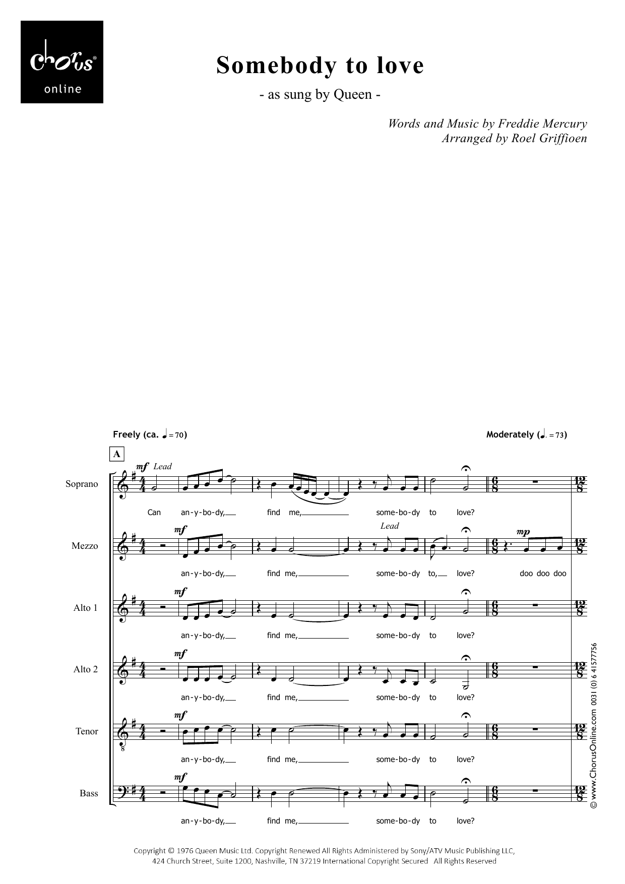 Somebody to Love (arr. Roel Griffioen): SMAATB Choral Octavo