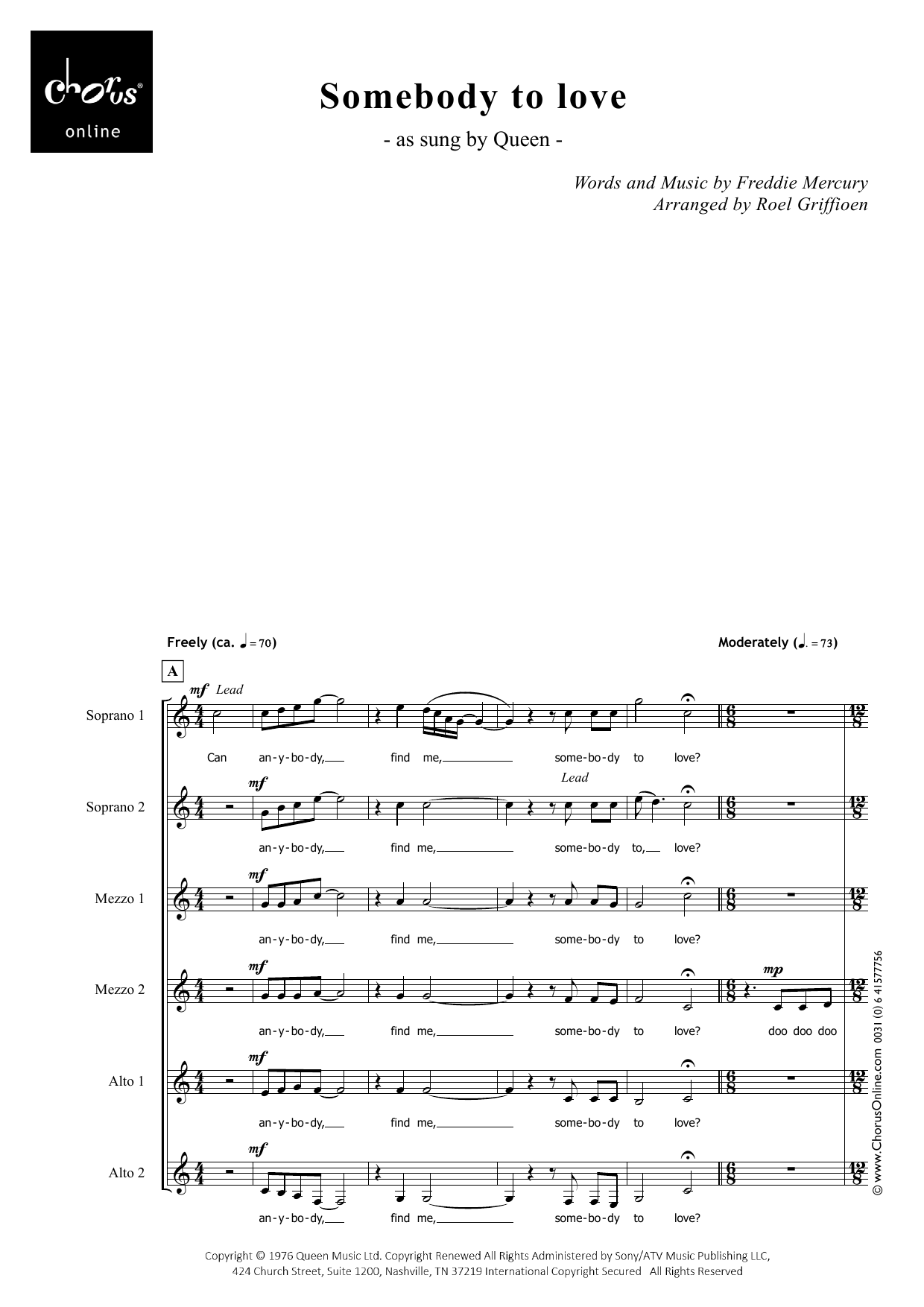 Somebody to Love (arr. Roel Griffioen): SSMMAA Choral Octavo