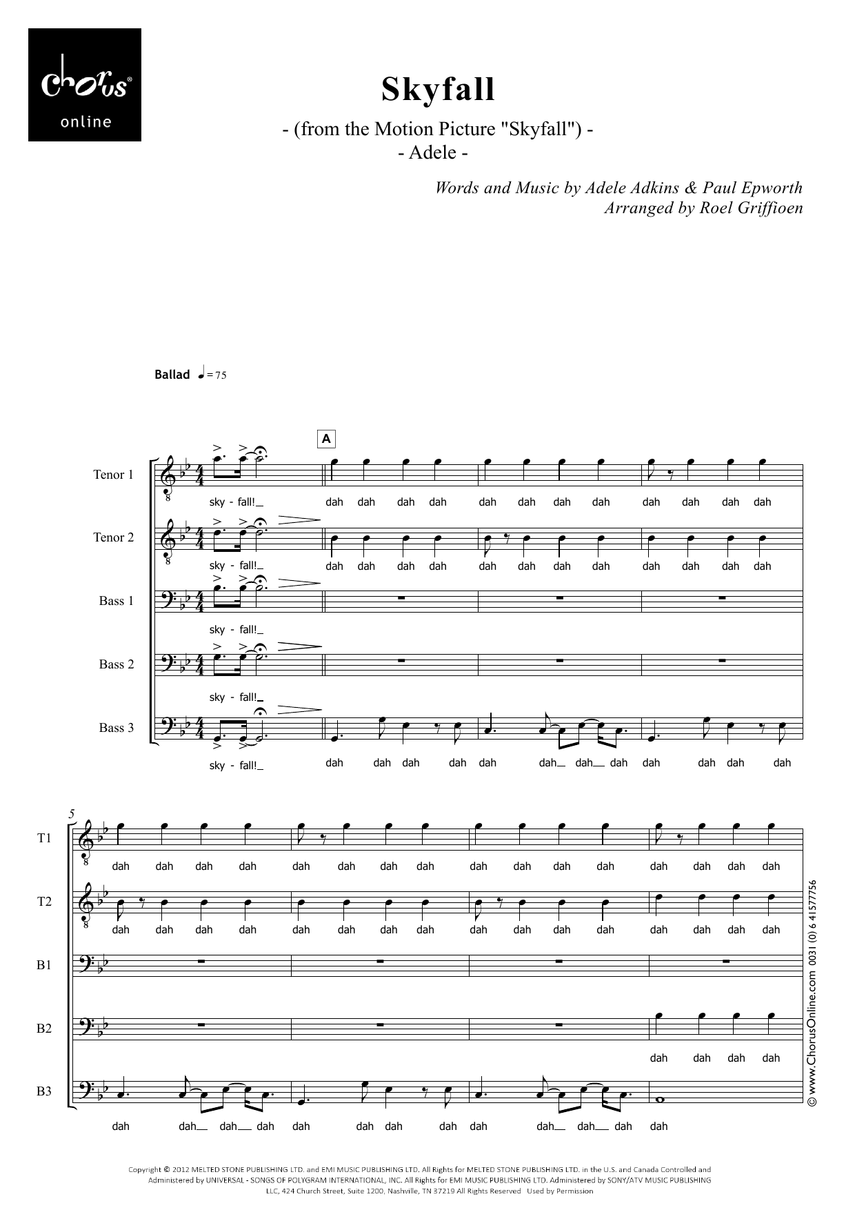 Skyfall (arr. Roel Griffioen): TTBBB Choral Octavo