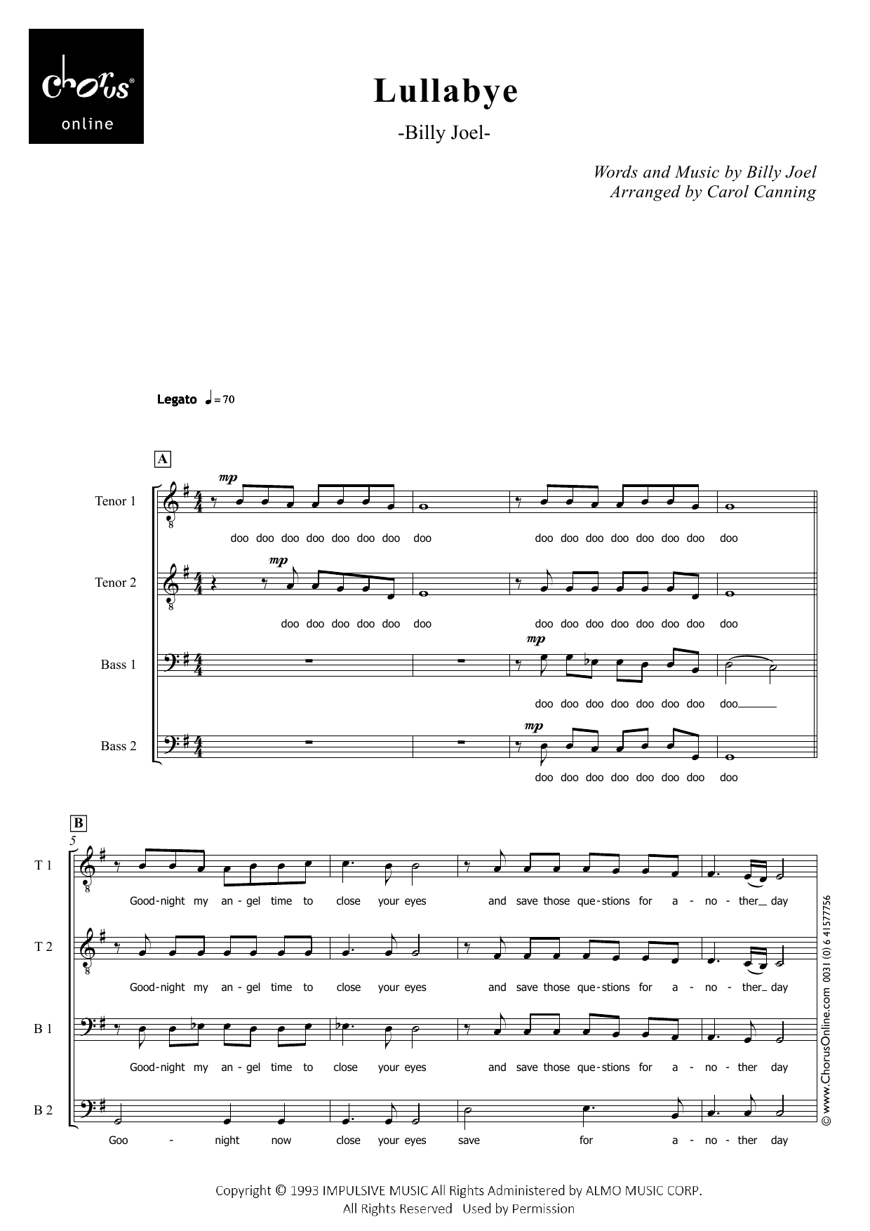 Lullabye (Goodnight, My Angel) (arr. Carol Canning): TTBB Choral Octavo