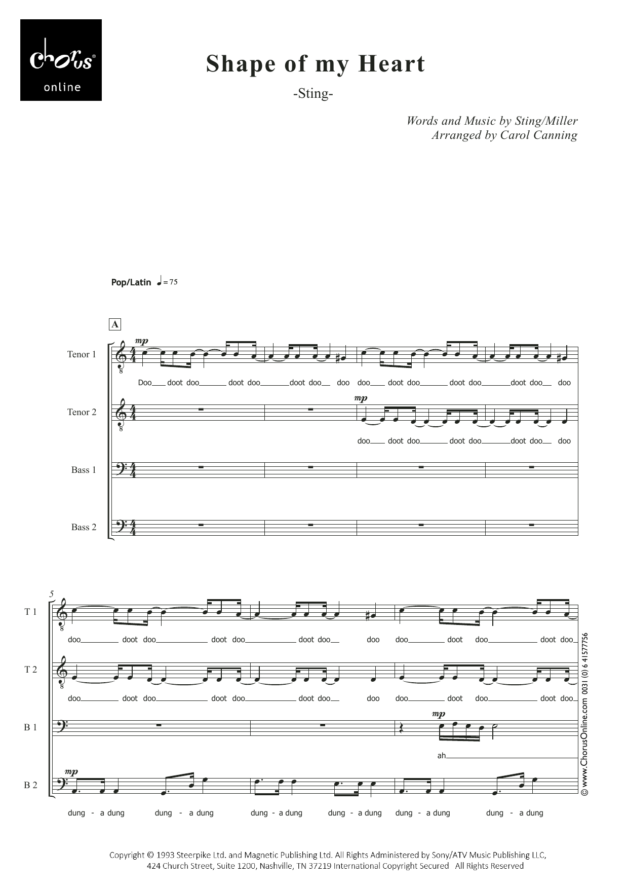 Shape Of My Heart (arr. Carol Canning): TTBB Choral Octavo