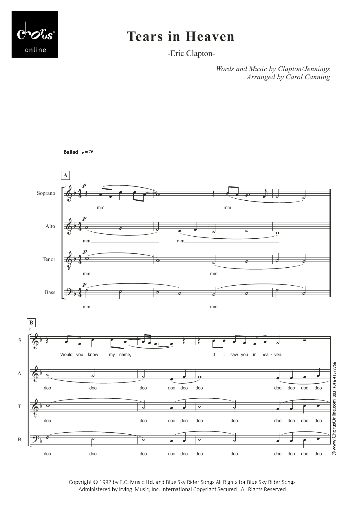 Tears In Heaven (arr. Carol Canning): SATB Choral Octavo