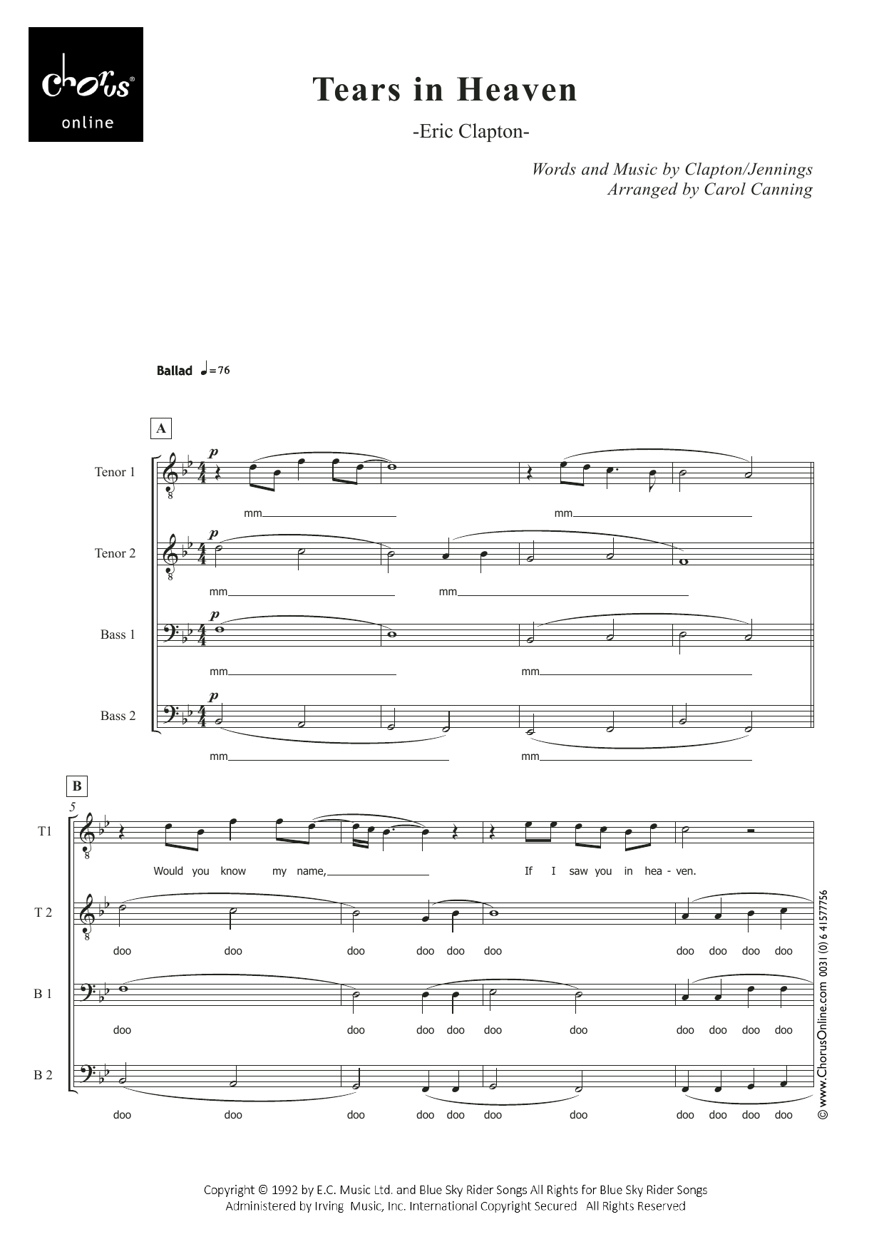 Tears In Heaven (arr. Carol Canning): TTBB Choral Octavo