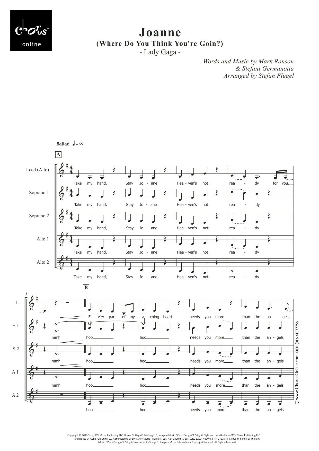Joanne (arr. Stefan Flügel): SSAA Choral Octavo