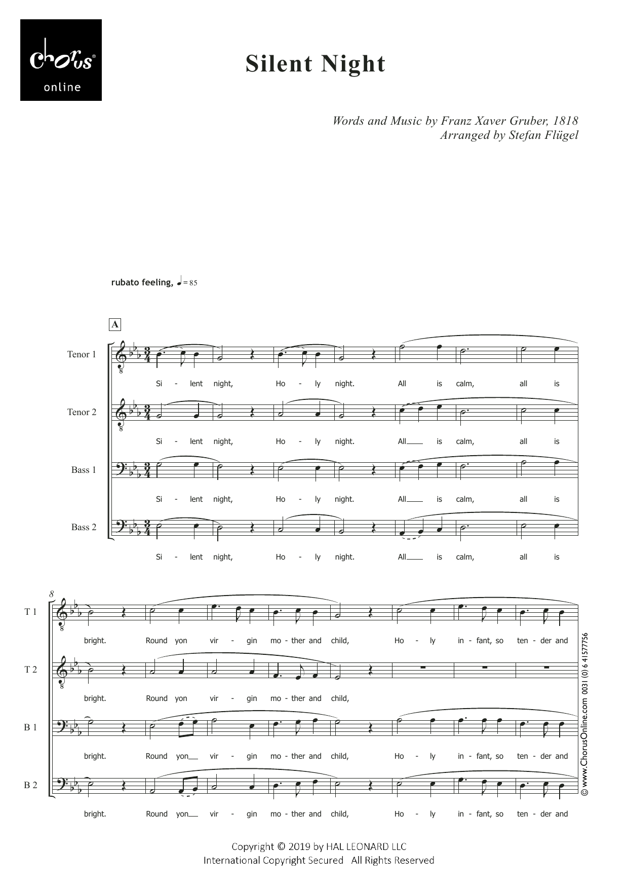 Silent Night (arr. Stefan Flügel): TTBB Choral Octavo