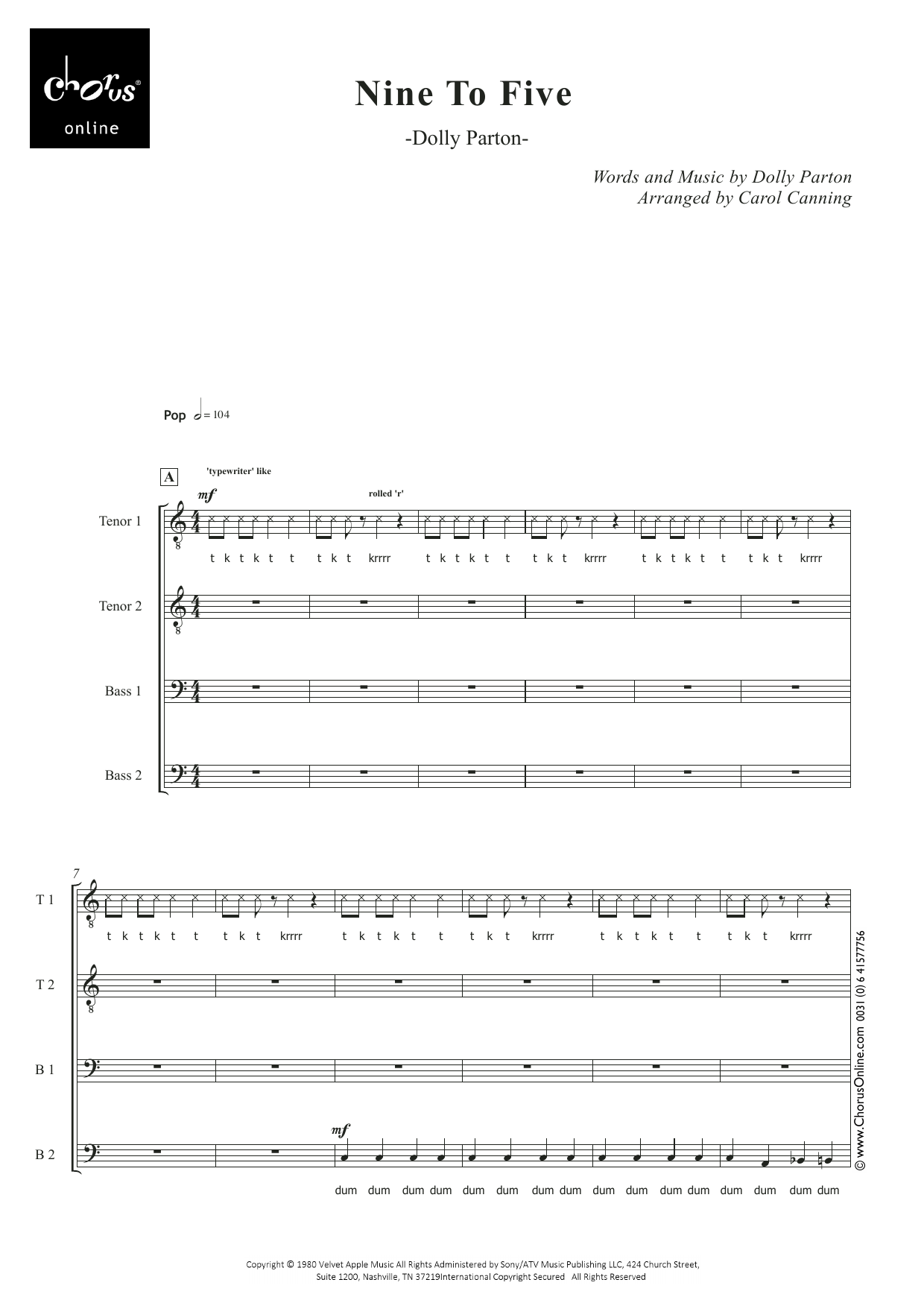 Nine to Five (arr. Carol Canning): TTBB Choral Octavo