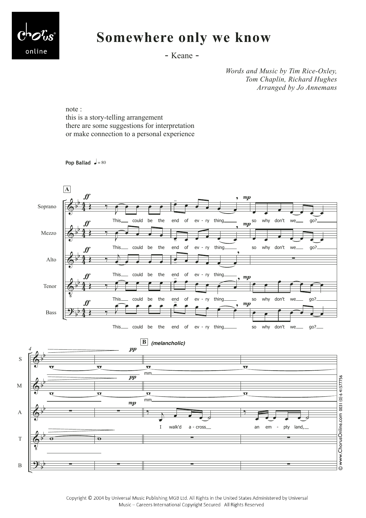 Somewhere Only We Know (arr. Jo Annemans): SMATB Choral Octavo