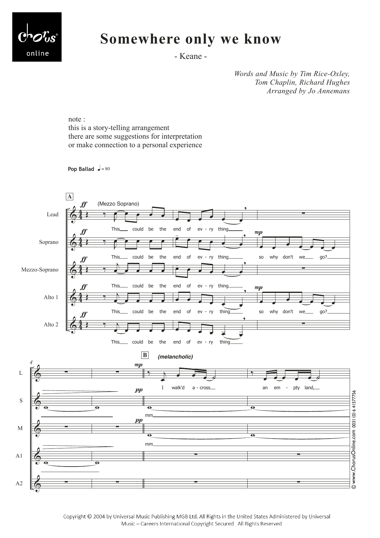 Somewhere Only We Know (arr. Jo Annemans): SMAA Choral Octavo