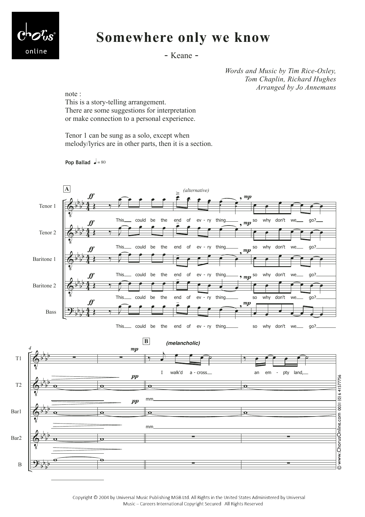 Somewhere Only We Know (arr. Jo Annemans): TTBarBarB Choral Octavo