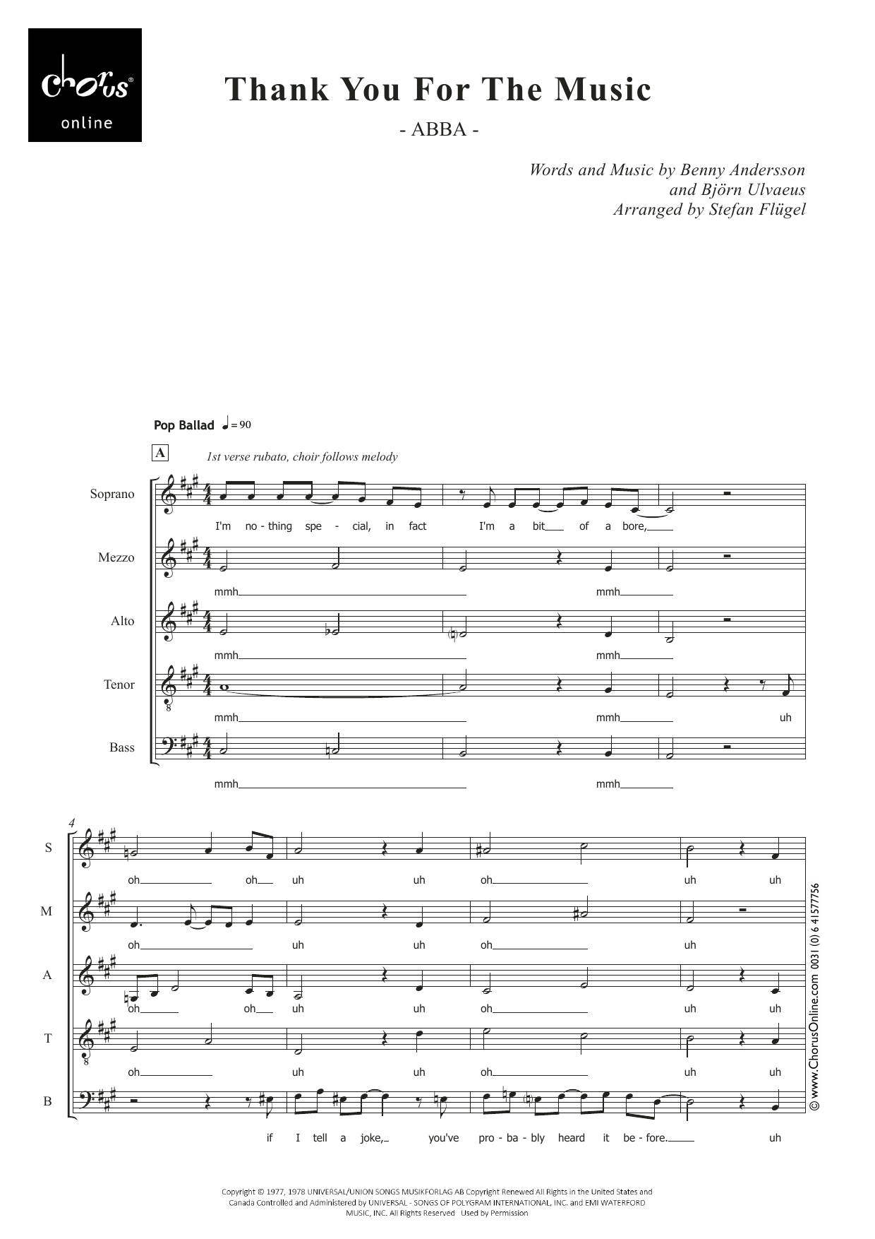 Thank You for the Music (arr. Stefan Flügel): SMATB Choral Octavo