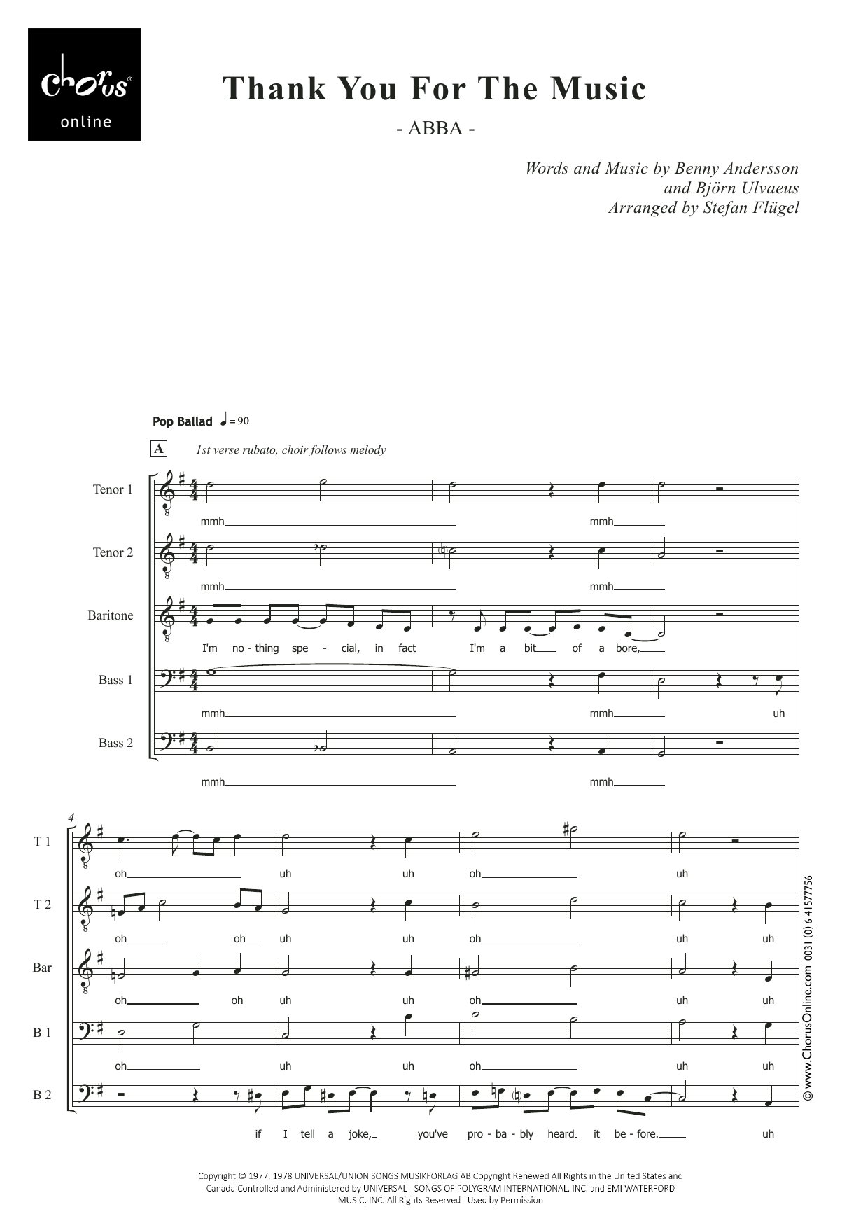 Thank You for the Music (arr. Stefan Flügel): TTBarBB Choral Octavo