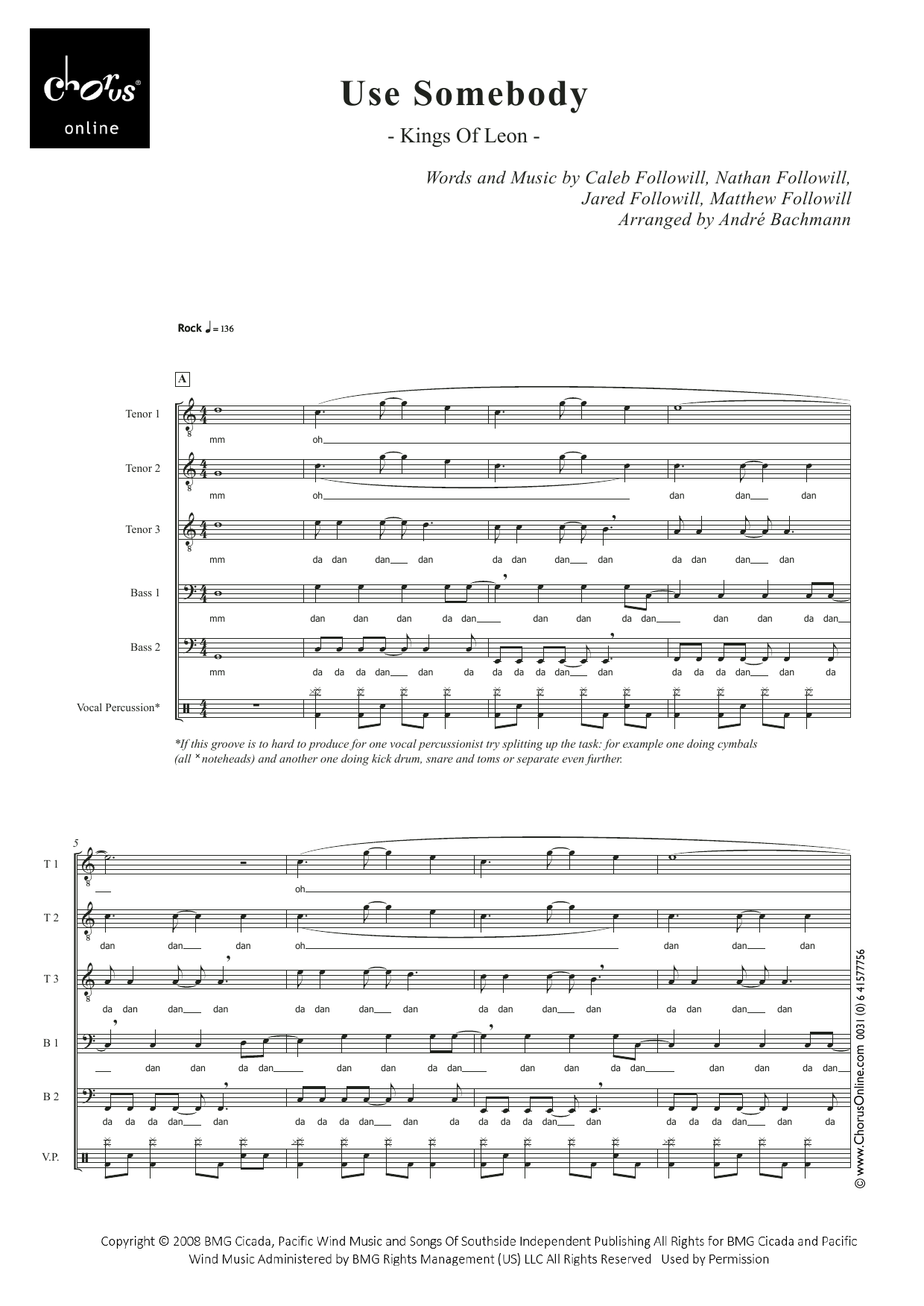 Use Somebody (arr. André Bachmann): TTTBB Choral Octavo