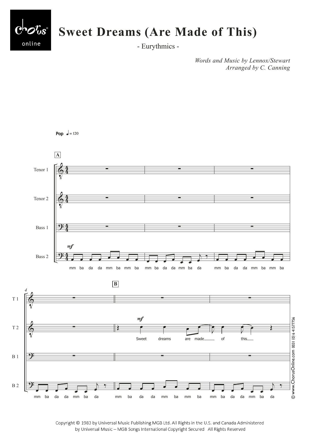 Sweet Dreams (Are Made of This) (arr. Carol Canning): TTBB Choral Octavo