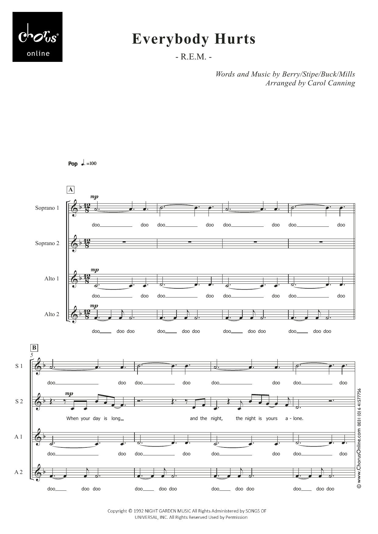 Everybody Hurts (arr. Carol Canning): SSAA Choral Octavo