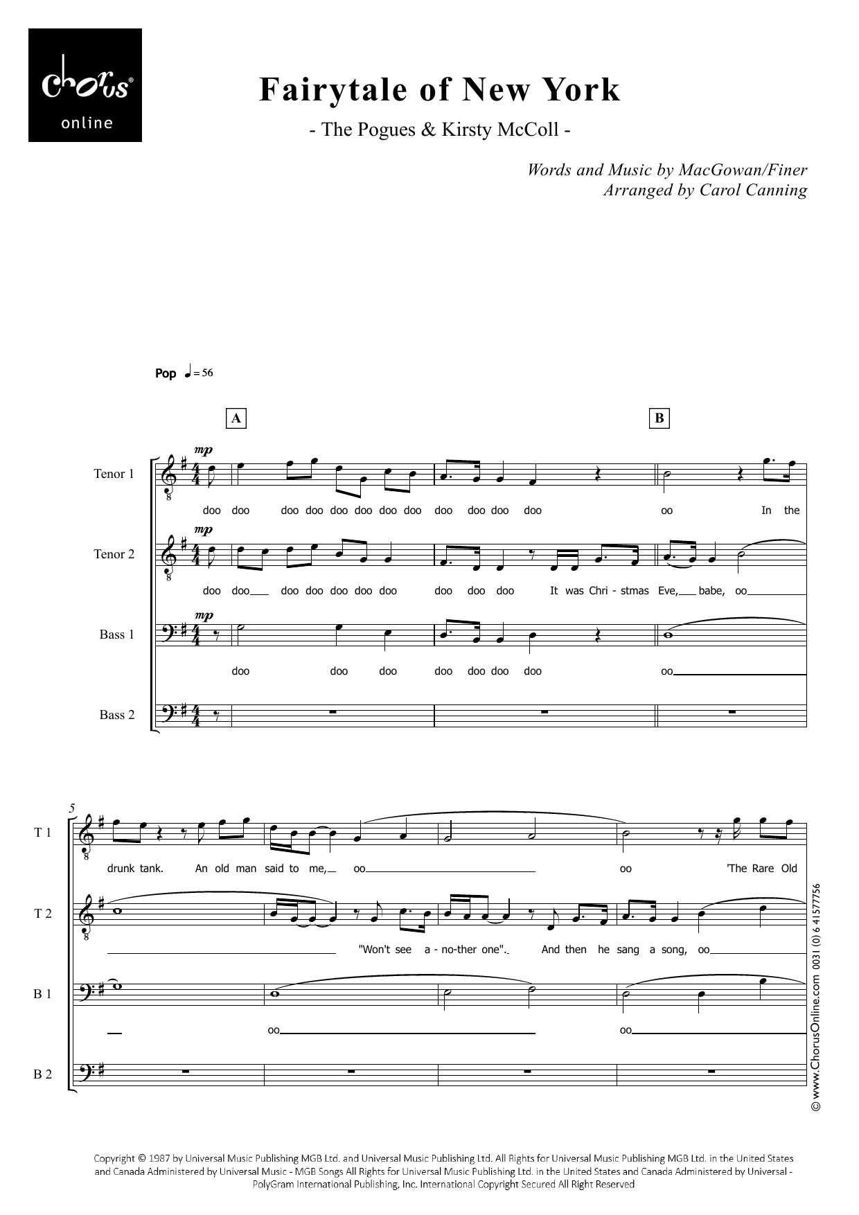 Fairytale of New York (arr. Carol Canning): TTBB Choral Octavo