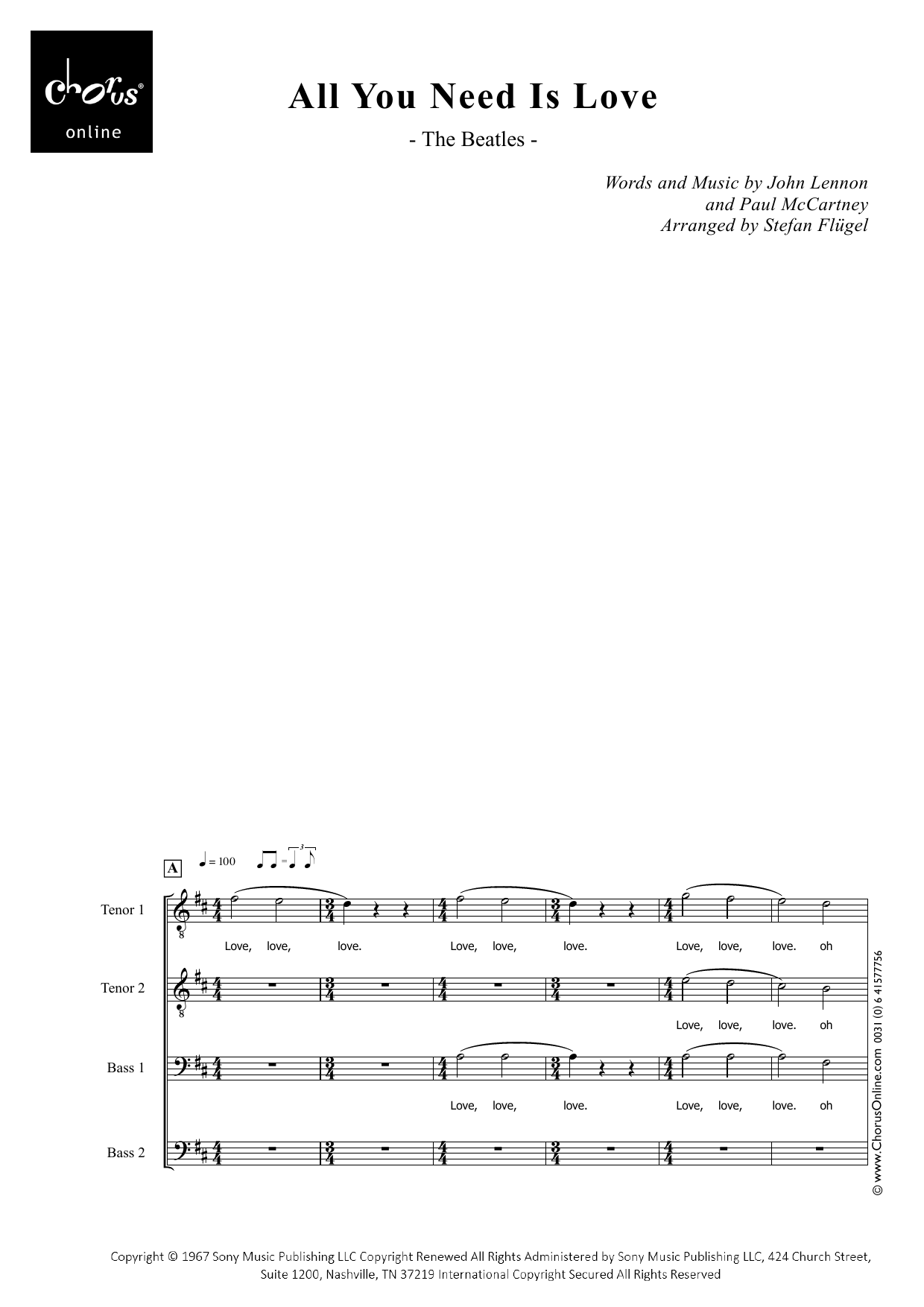All You Need Is Love (arr. Stefan Flügel): TTBB Choral Octavo