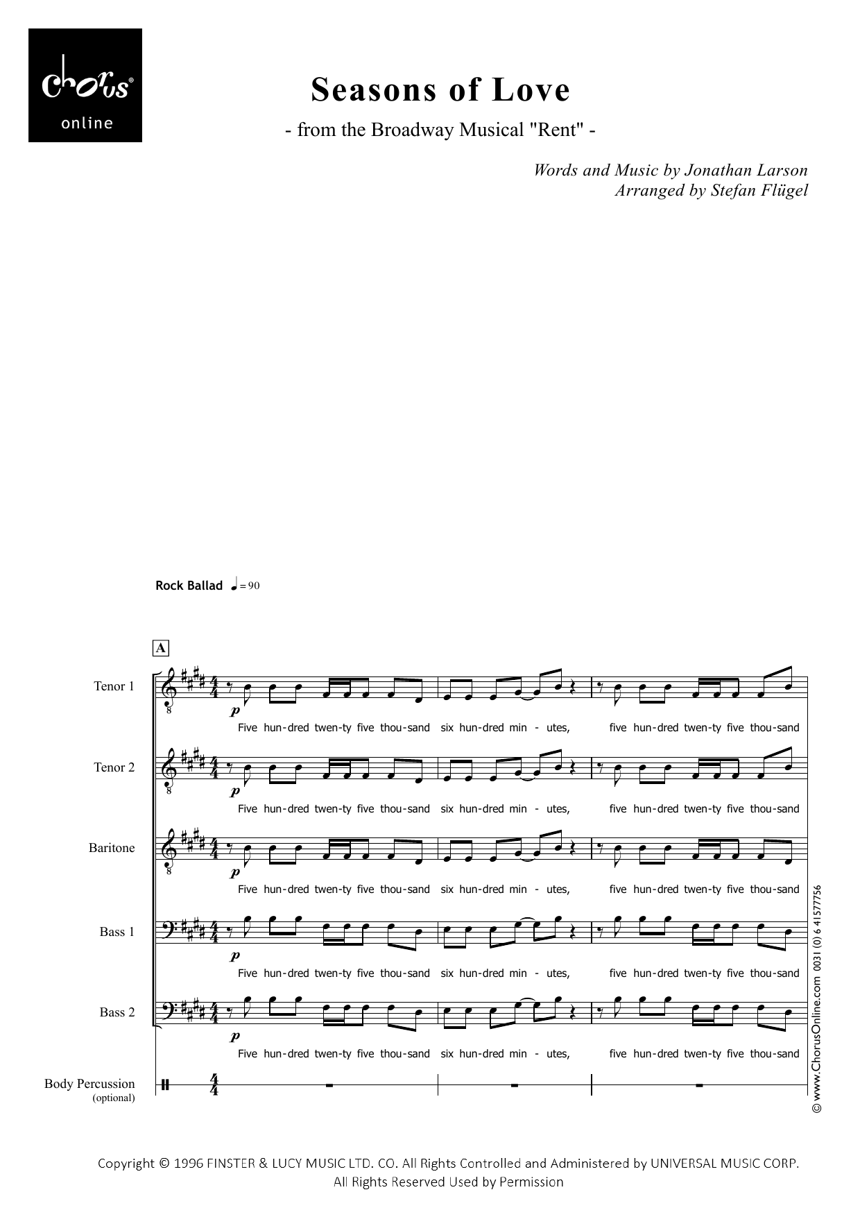 Seasons of Love (arr. Stefan Flügel): TTBarBB Choral Octavo