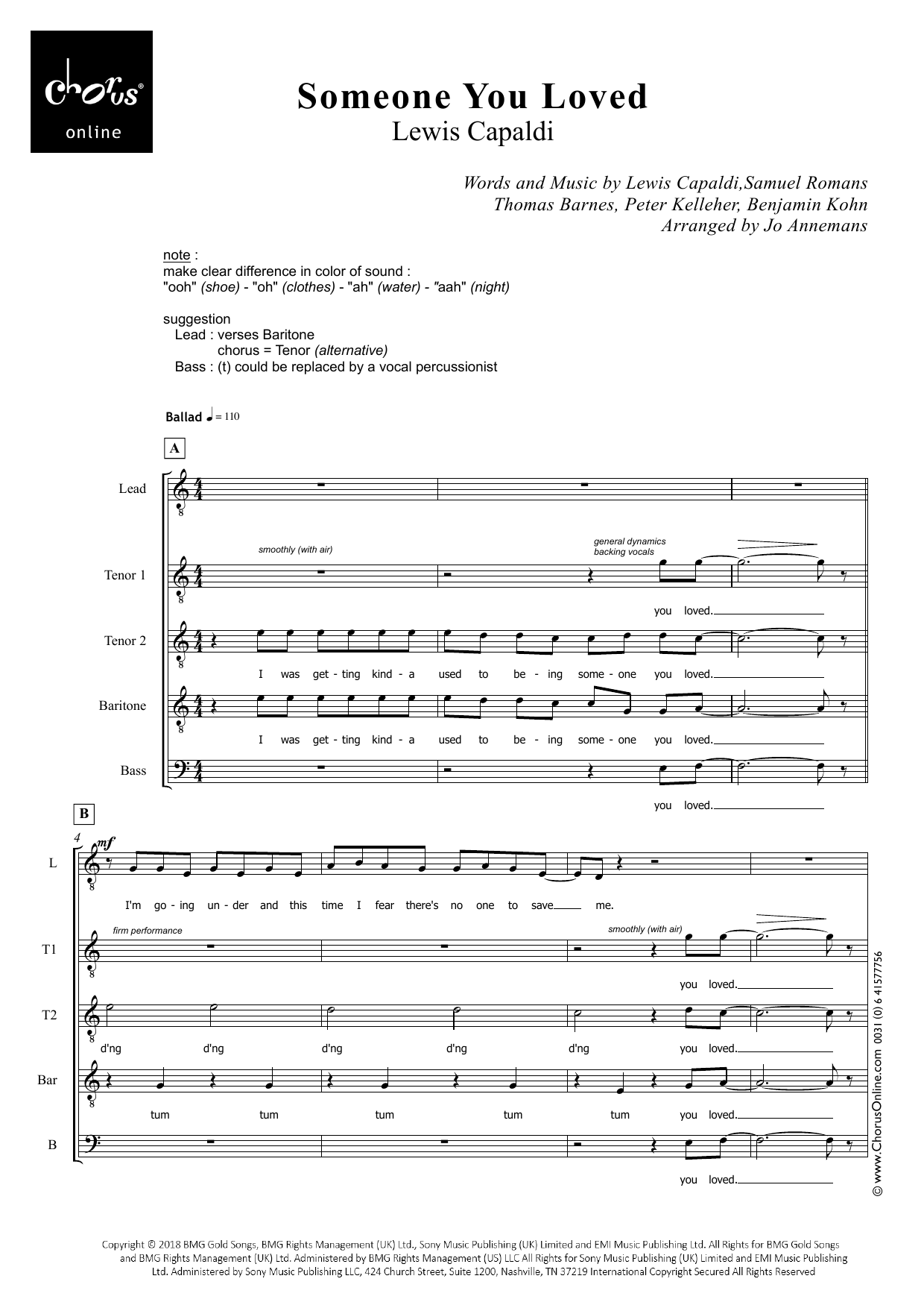 Someone You Loved (arr. Jo Annemans): TTBB Choral Octavo