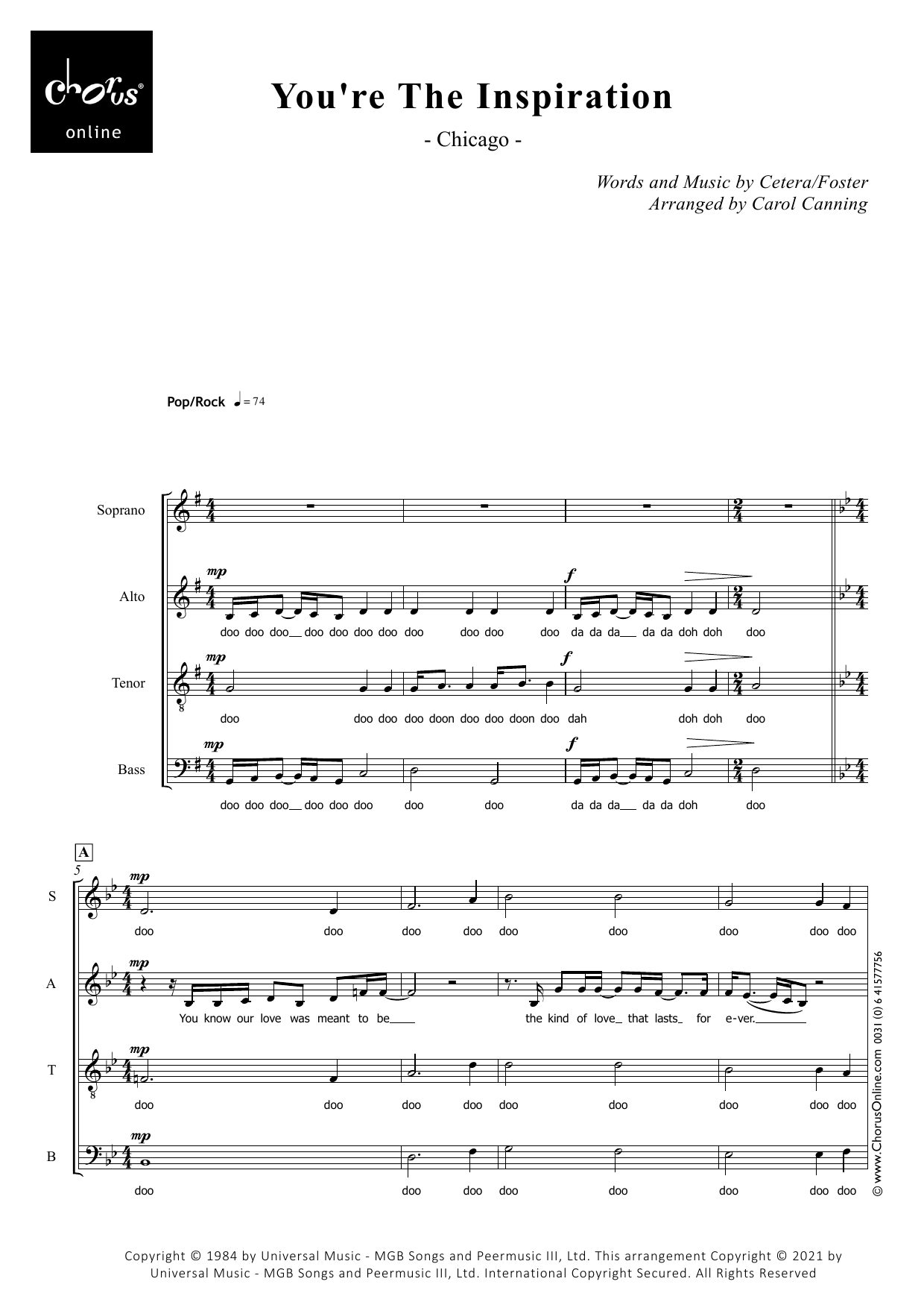 You're The Inspiration (arr. Carol Canning): SATB Choral Octavo