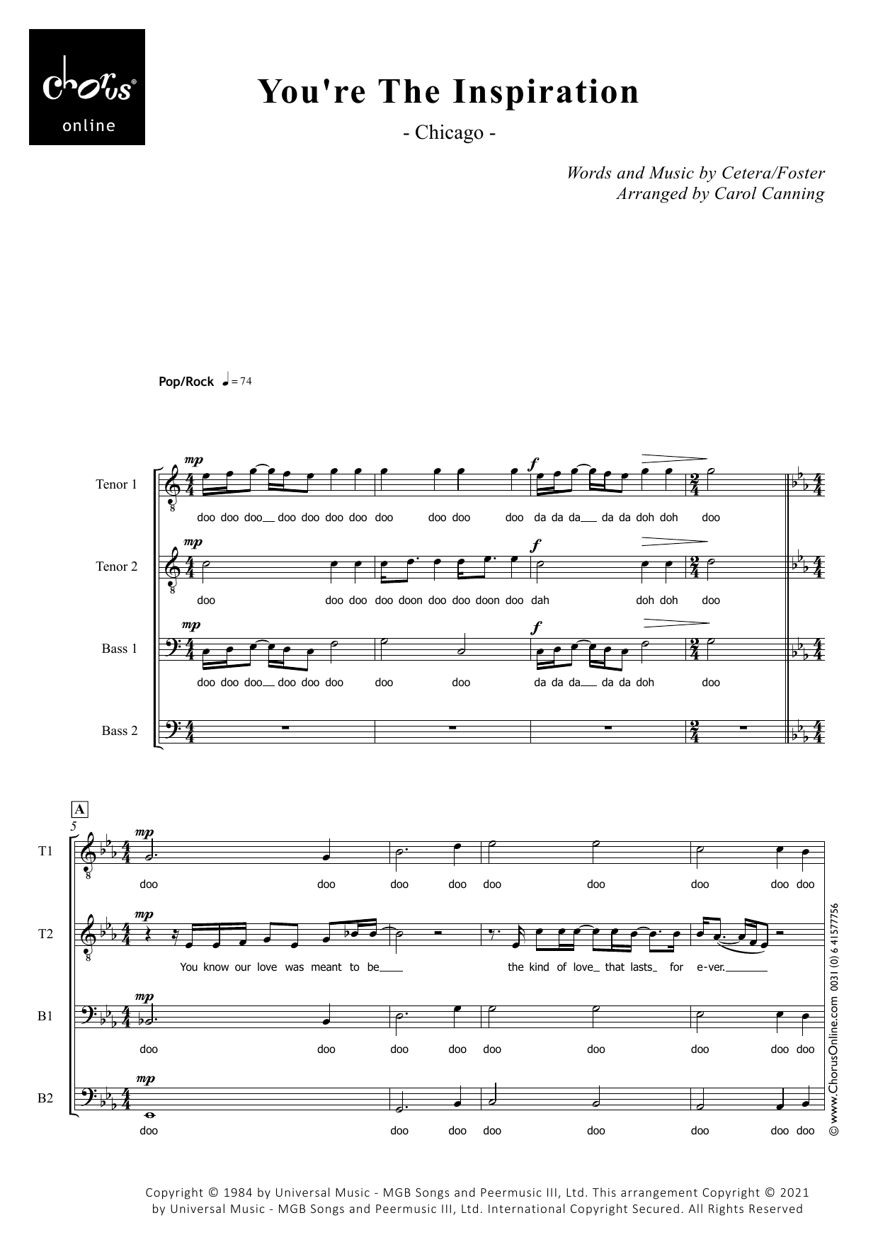 You're The Inspiration (arr. Carol Canning): TTBB Choral Octavo