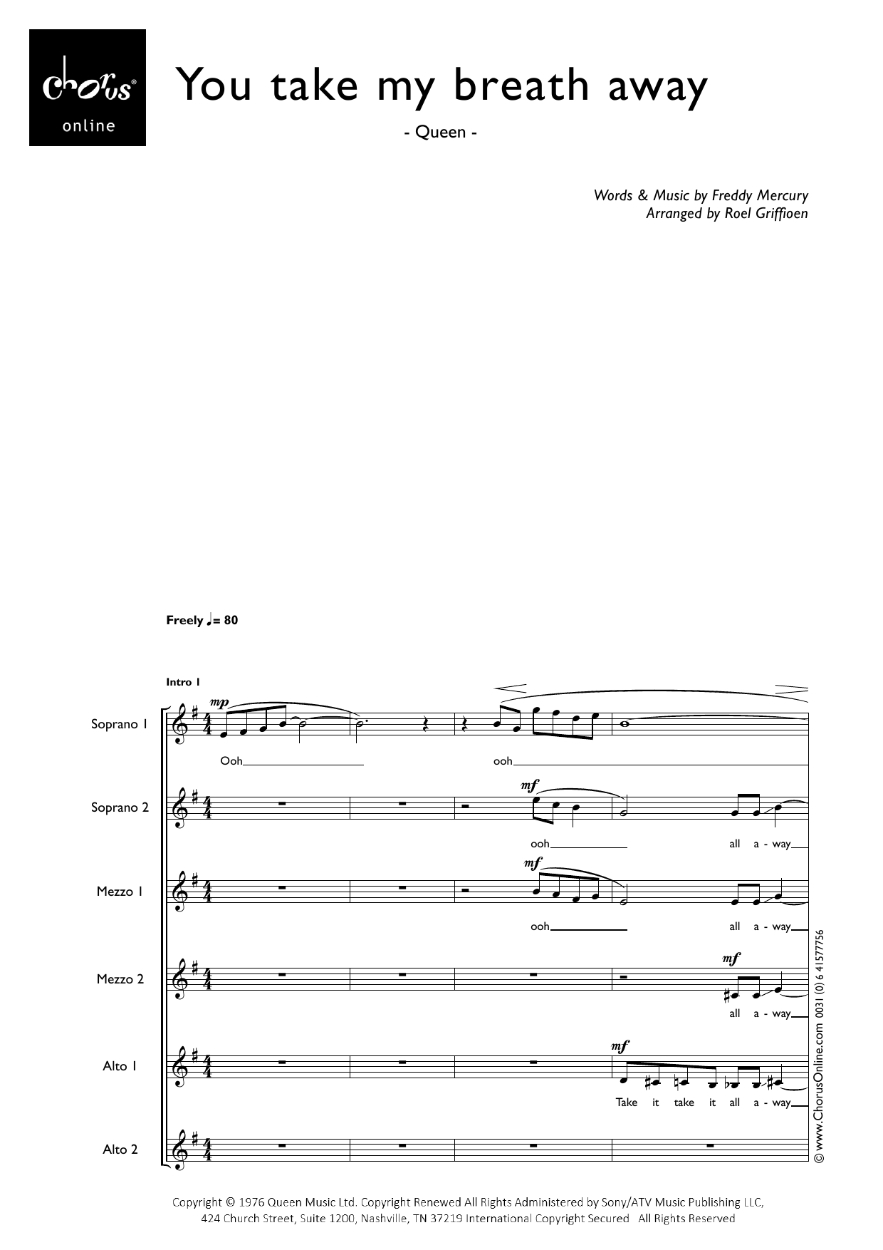 You Take My Breath Away (arr. Roel Griffioen): SSMMAA Choral Octavo
