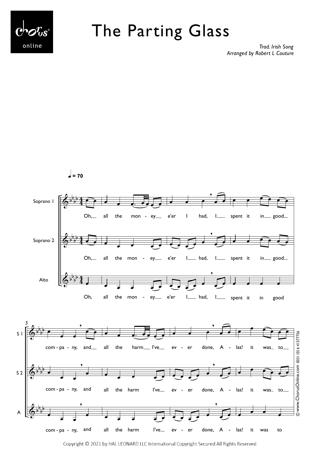 The Parting Glass (arr. Robert Couture): SSA Choral Octavo