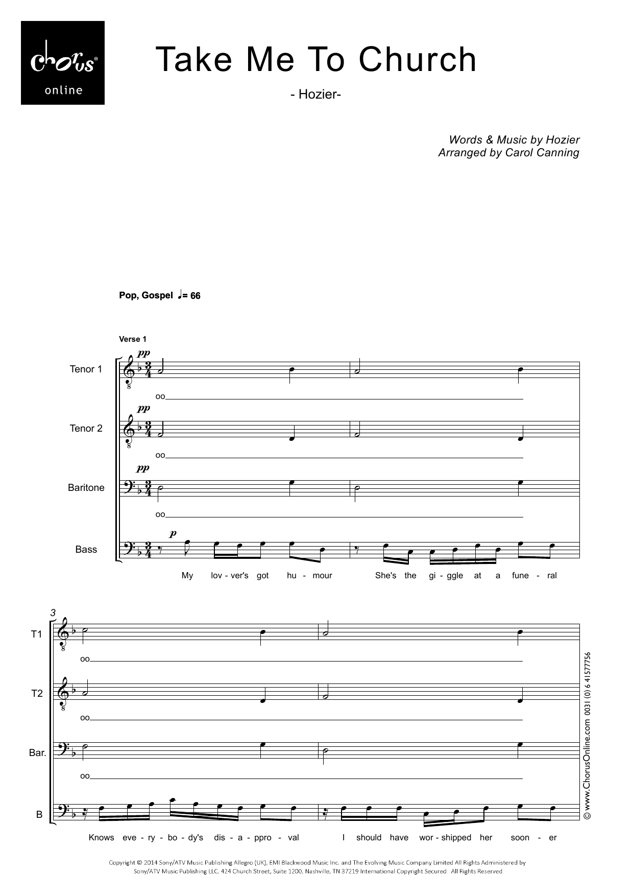 Take Me To Church (arr. Carol Canning): TTBB Choral Octavo