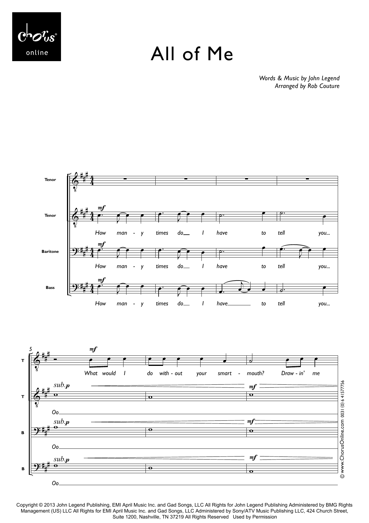 All Of Me (arr. Robert Couture): TTBB Choral Octavo