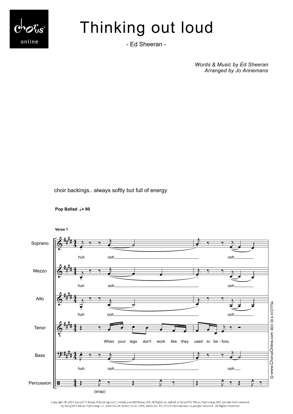 Thinking Out Loud (arr. Jo Annemans): SMATB Choral Octavo