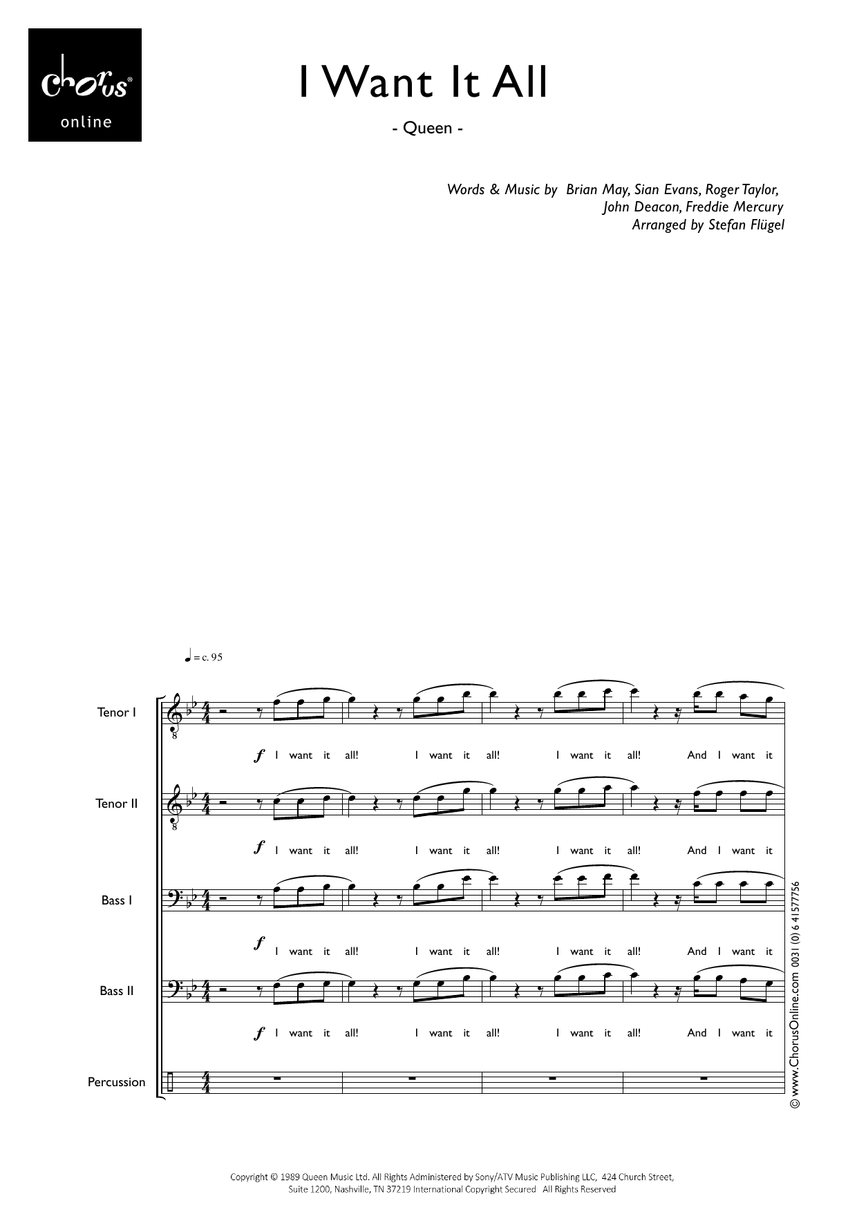 I Want It All (arr. Stefan Flügel): TTBB Choral Octavo