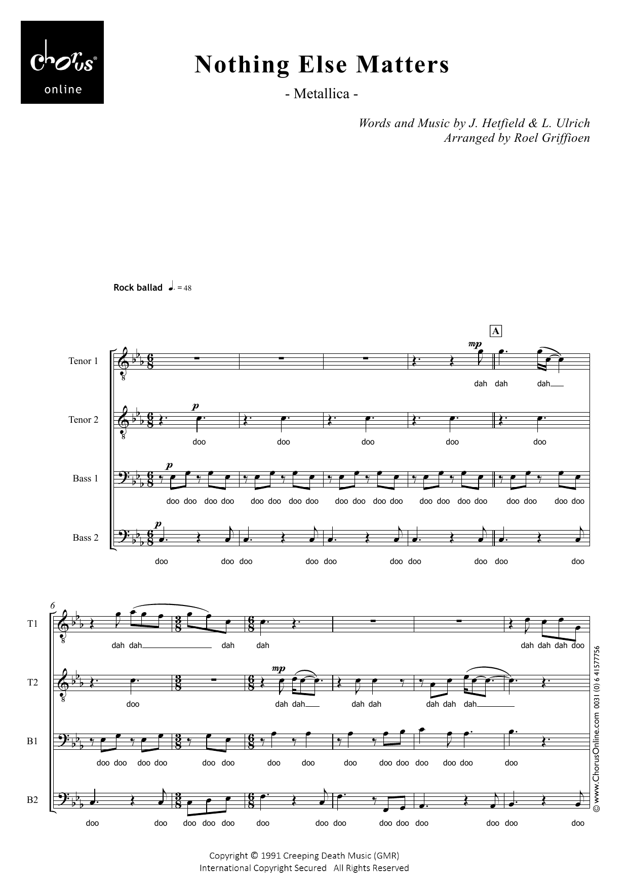 Nothing Else Matters (arr. Roel Griffioen): TTBB Choral Octavo