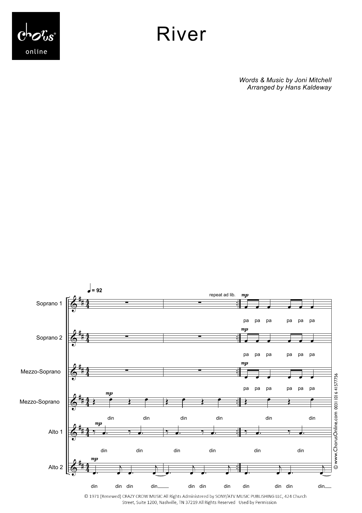 River (arr. Hans Kaldeway): SSMMAA Choral Octavo