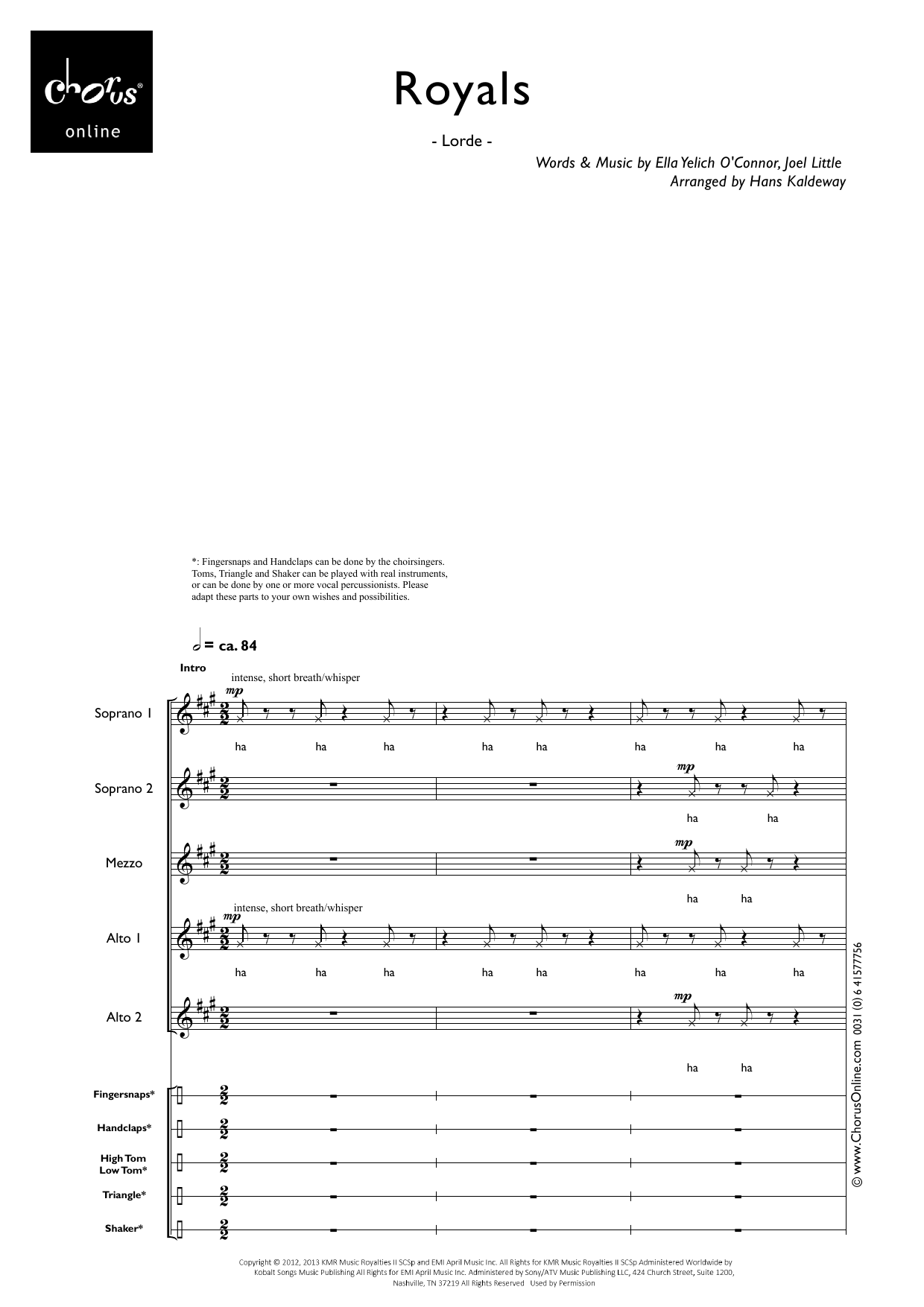 Royals (arr. Hans Kaldeway): SSSMAAAA Choral Octavo