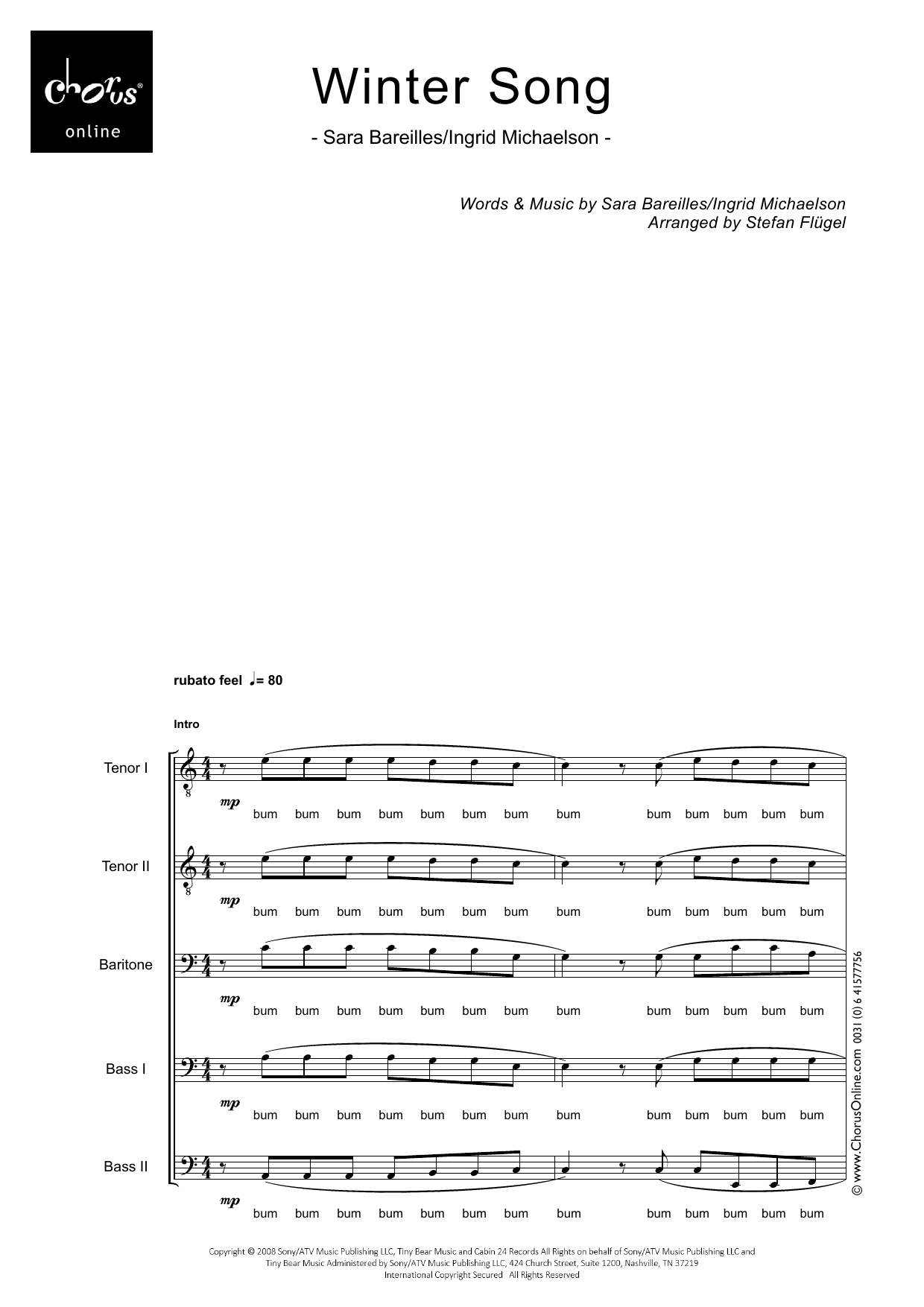Winter Song (arr. Stefan Flügel): TTBarBB Choral Octavo
