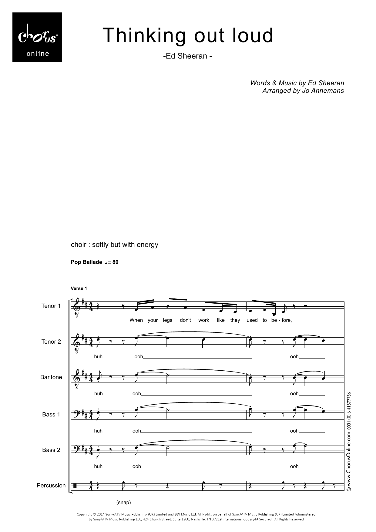Thinking Out Loud (arr. Jo Annemans): TTBarBB Choral Octavo