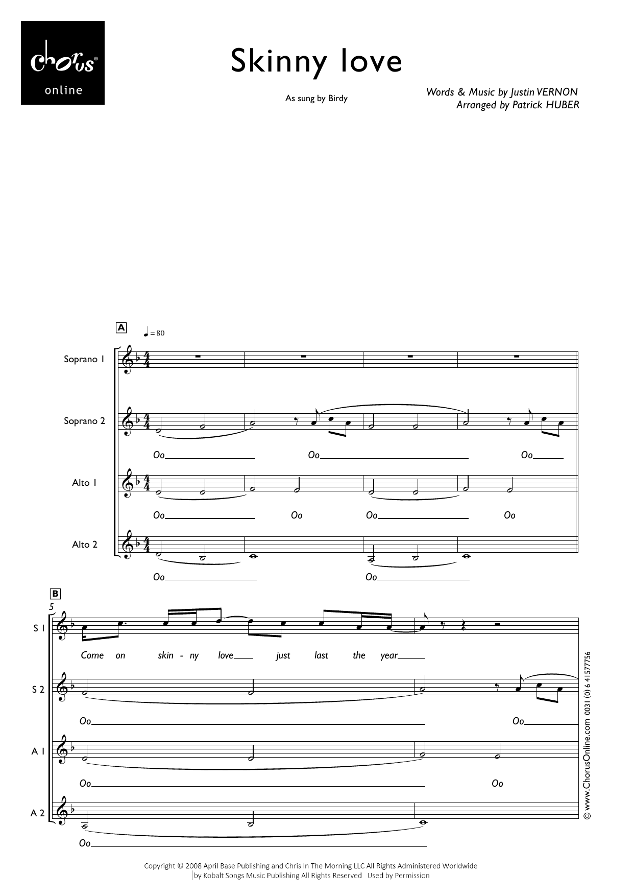 Skinny Love (arr. Patrick Huber): SSAA Choral Octavo
