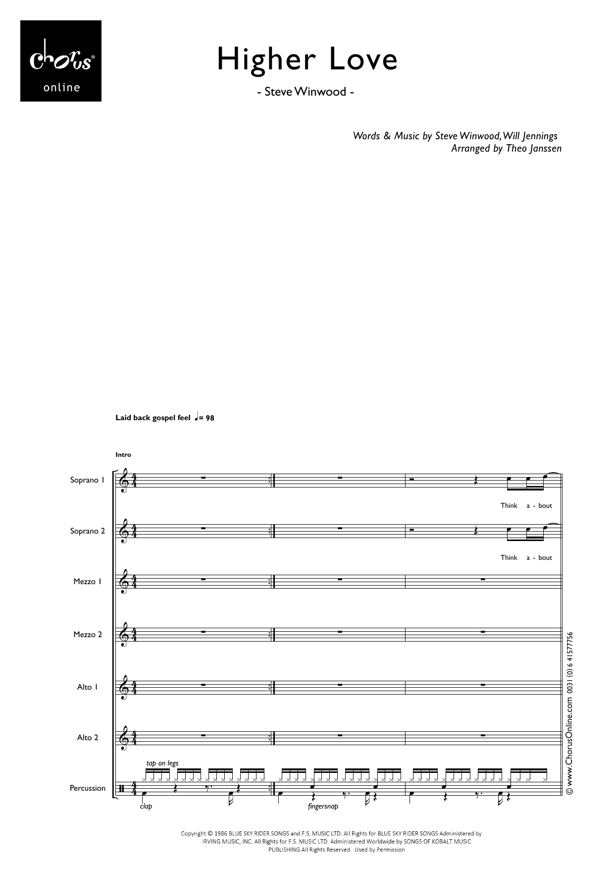 Higher Love (arr. Theo Janssen): SSMMAA Choral Octavo