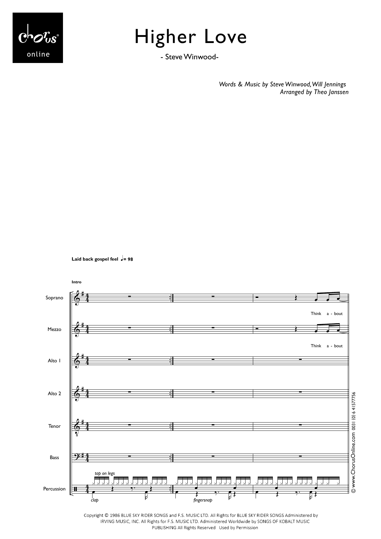 Higher Love (arr. Theo Janssen): SMAATB Choral Octavo