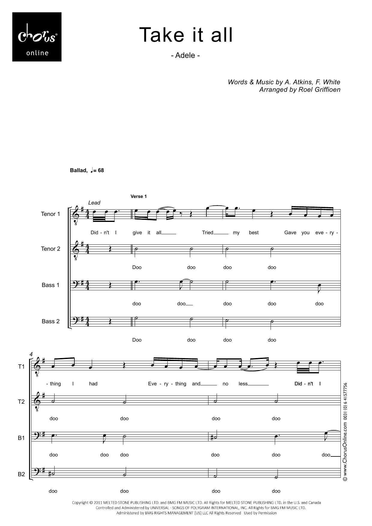Take It All (arr. Roel Griffioen): TTBB Choral Octavo